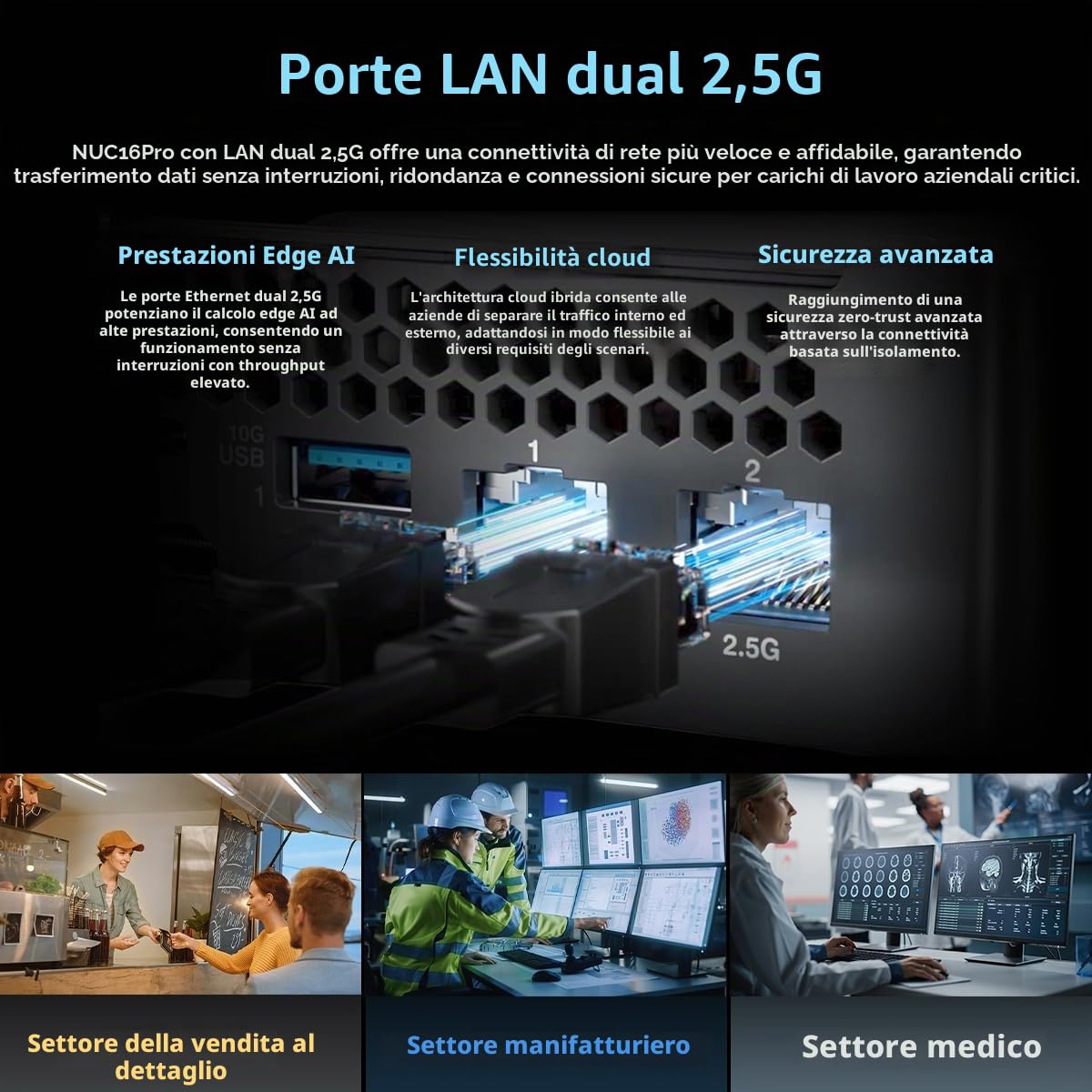 NUC 16 Pro Mini PC: Intel Core Ultra 5 325, Intel Arc Graphics, Dual M.2 PCIe SSD, Quad 4K, Dual 2.5G LAN, Wi-Fi 7, nero, per aziende e creazione di contenuti (Barebone System)