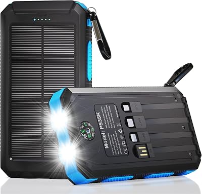 Durecopow Solar Charger Power Bank 20,000mAh, Portable Charger, 4 Cables 3 Ports Fast Charging External Battery Pack with USB C for Cell Phones, Solar Panel Charger with Dual Flashlight for Camping