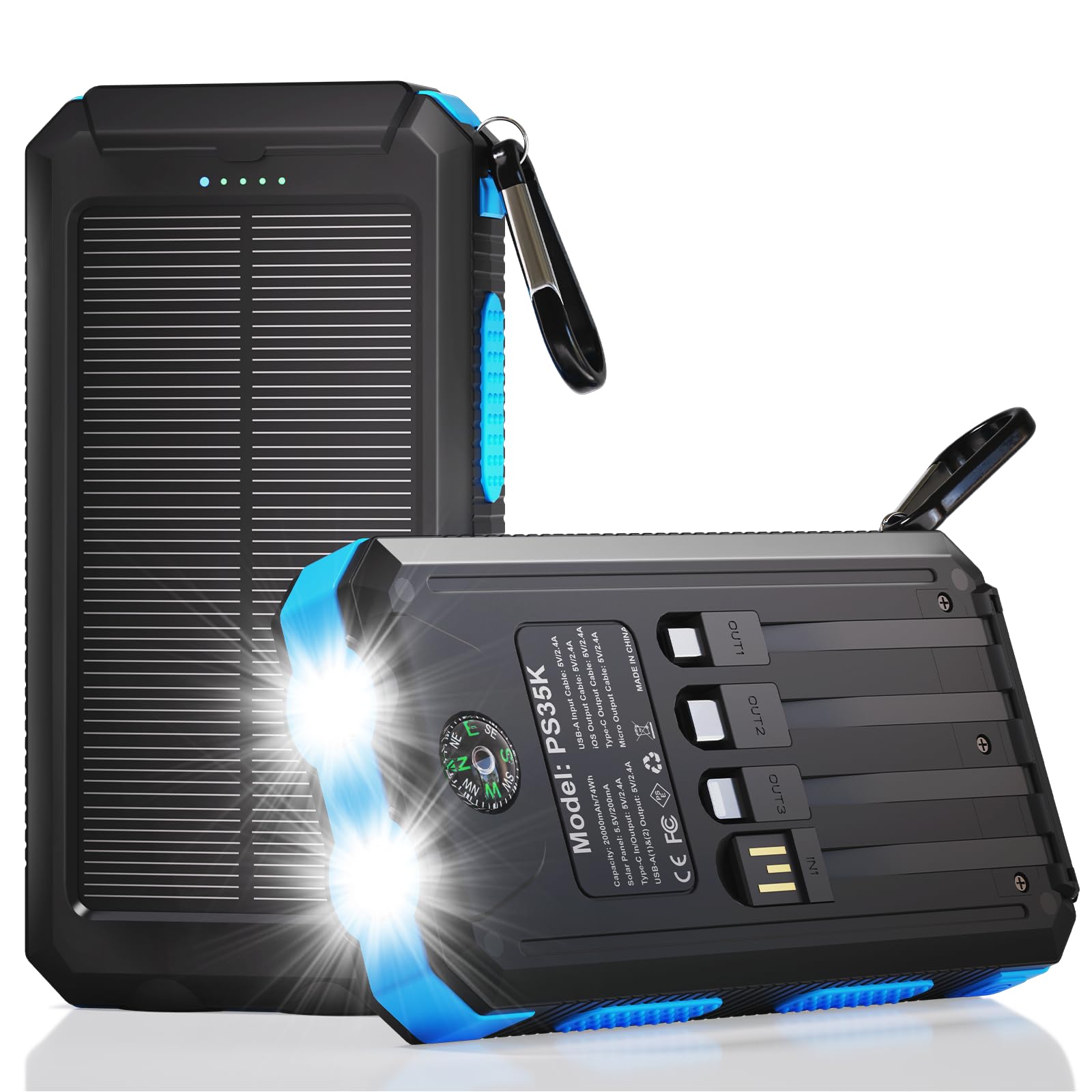 Durecopow 20,000mAh solar power bank with built-in cables and dual flashlight