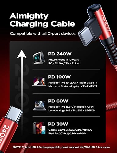 Vista 60 de AINOPE Cable USB C a USB C de 240 W (paquete de 2 unidades de 6.6 pies USB C) USB C a USB C, cable de carga rápida USB C en ángulo recto para iPhone