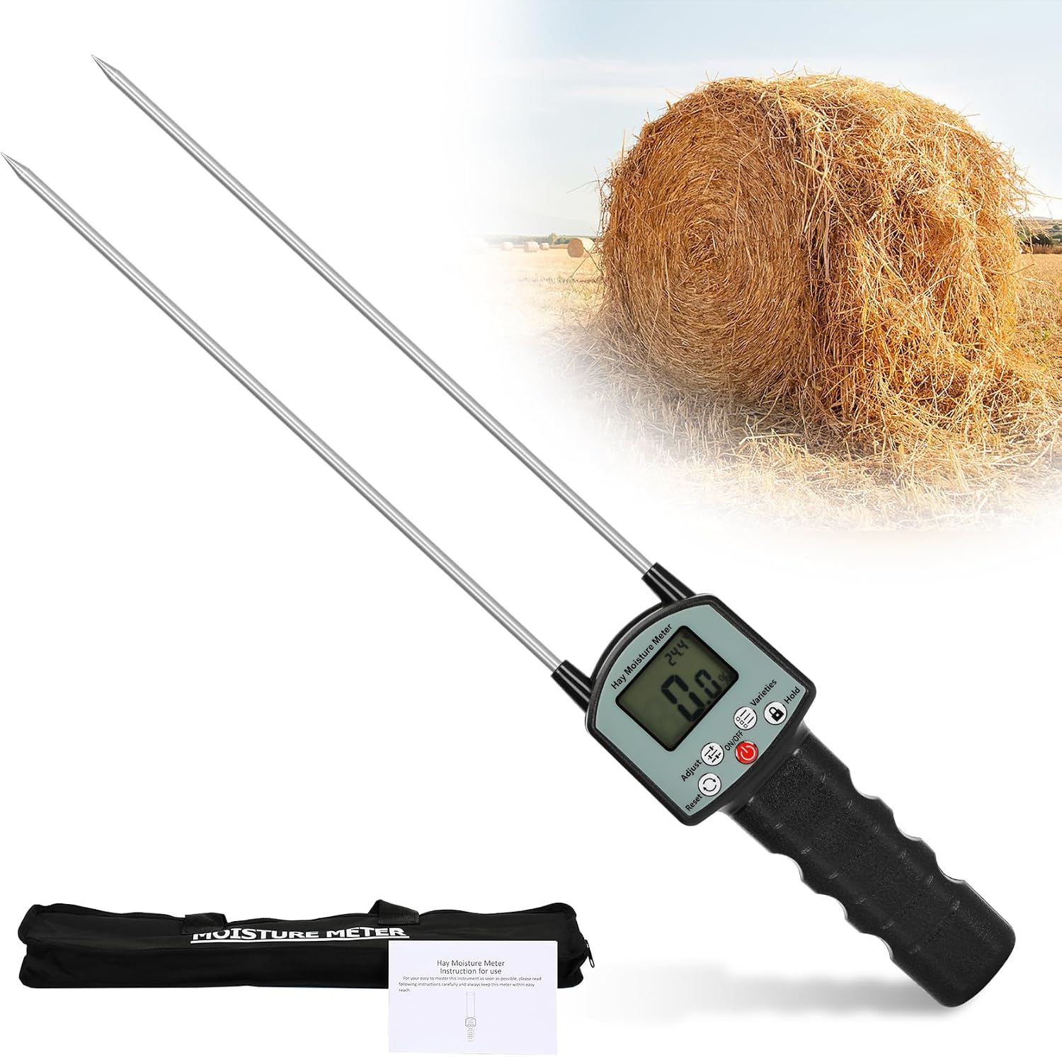 TK100H Hay Moisture Tester, Portable Accurate Hay Moisture Meter, Hay Moisture Tester Probe with Backlit Large Screen, Hay Tester Probe for Froage, Alfalfa Orchard Grass, Bales