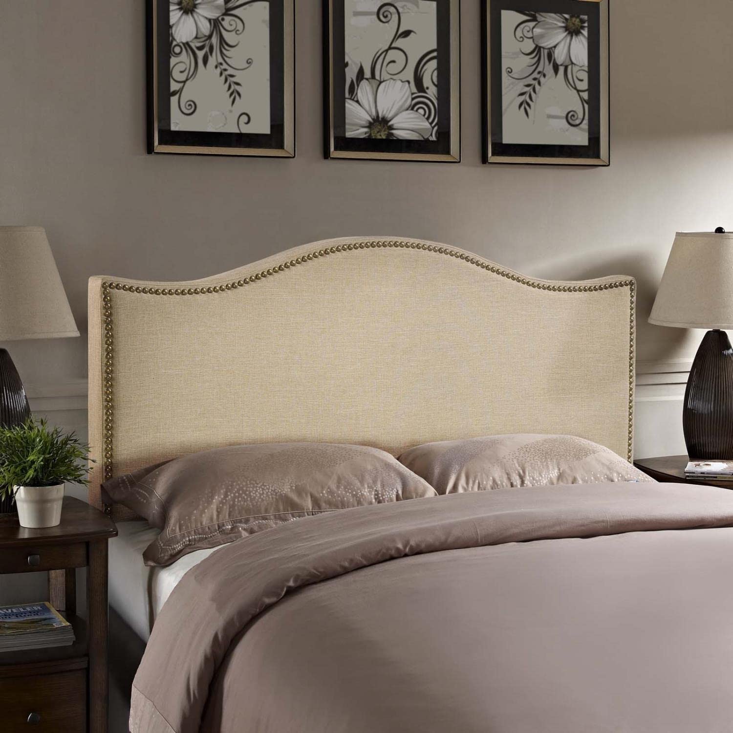 Modway Curl Linen Fabric Upholstered Queen Headboard with Nailhead Trim and Curved Shape in CafÃ©