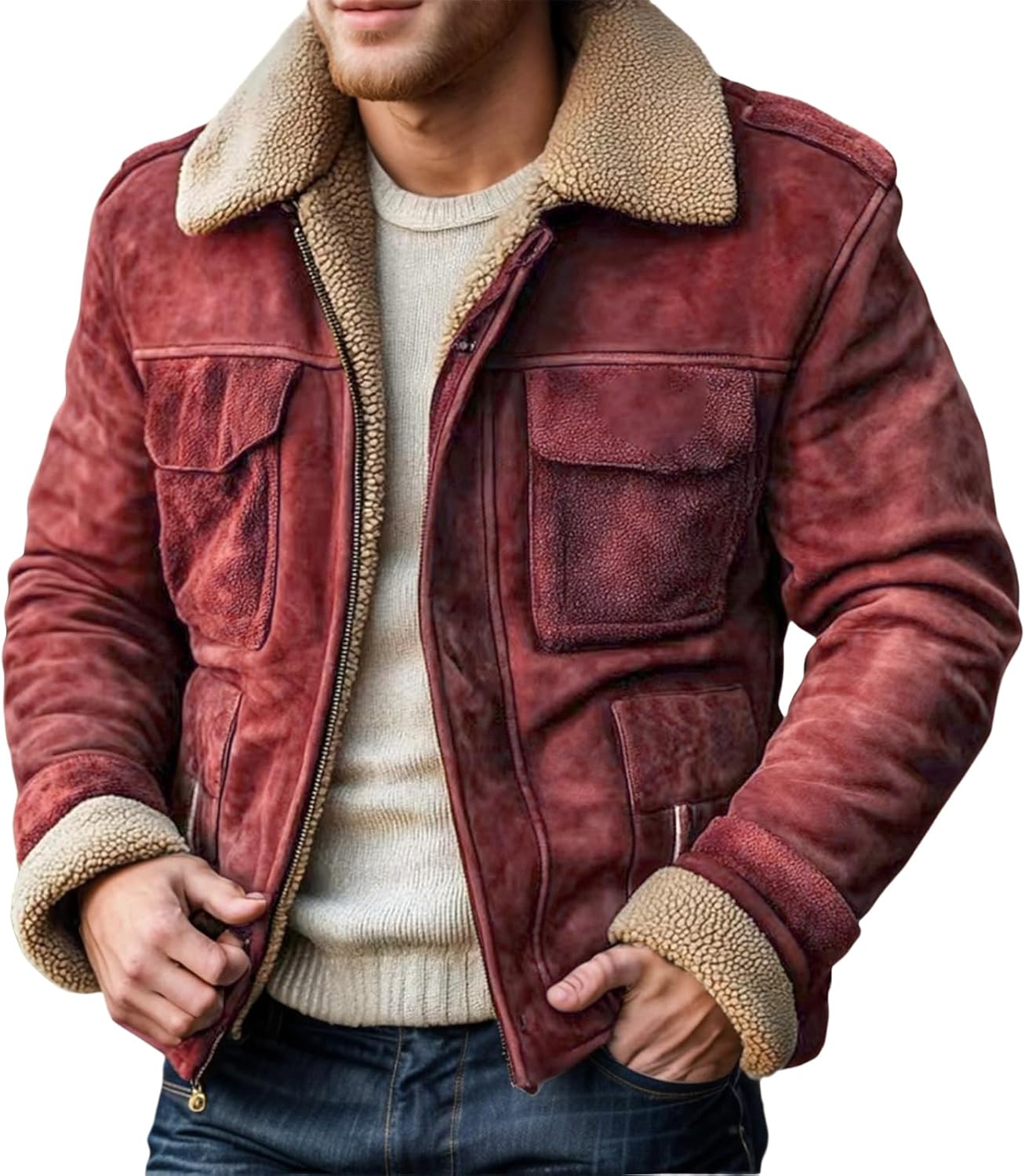 Western Jackets for Men Faux Suede Leather Sherpa Jackets Vintage Winter Zip Up Fleece Warm Coat Fur Collar Outwear