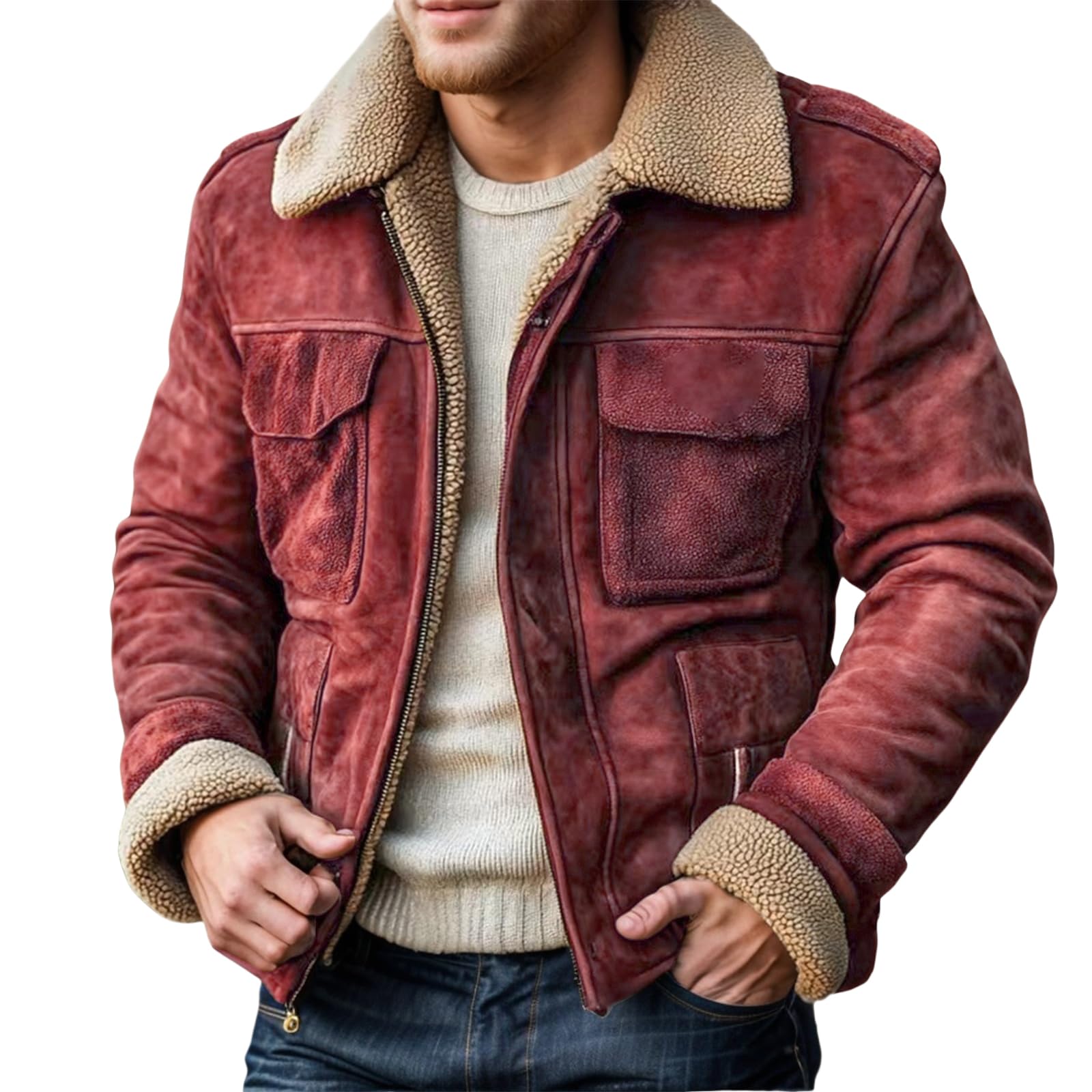 Mens Shearling Bomber B3 Coats Winter RAF Aviator Faux Leather Suede Jackets Vintage Sherpa Lined Fleece Overcoats