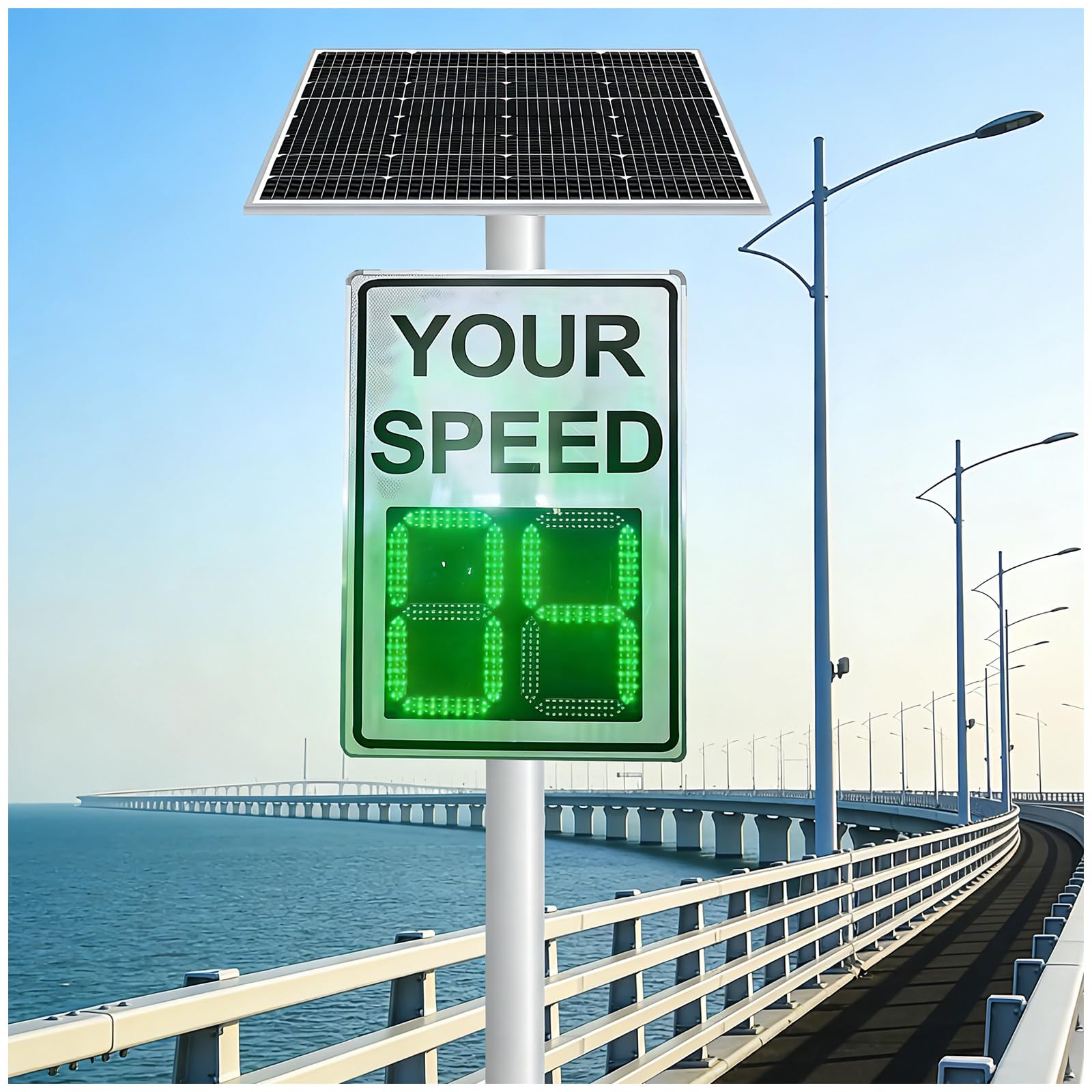 Señal de Radar de Velocidad 24x36 Pulgadas, Pantalla LED Solar con detección por Radar, Panel de retroalimentación Digital, Carcasa de Aluminio Reflectante White