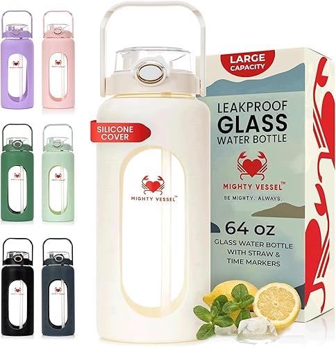 Botella de agua de vidrio de 64 onzas Botella de agua blanca con popote y marcador de tiempo Botella de agua de medio galón con medidas y funda de