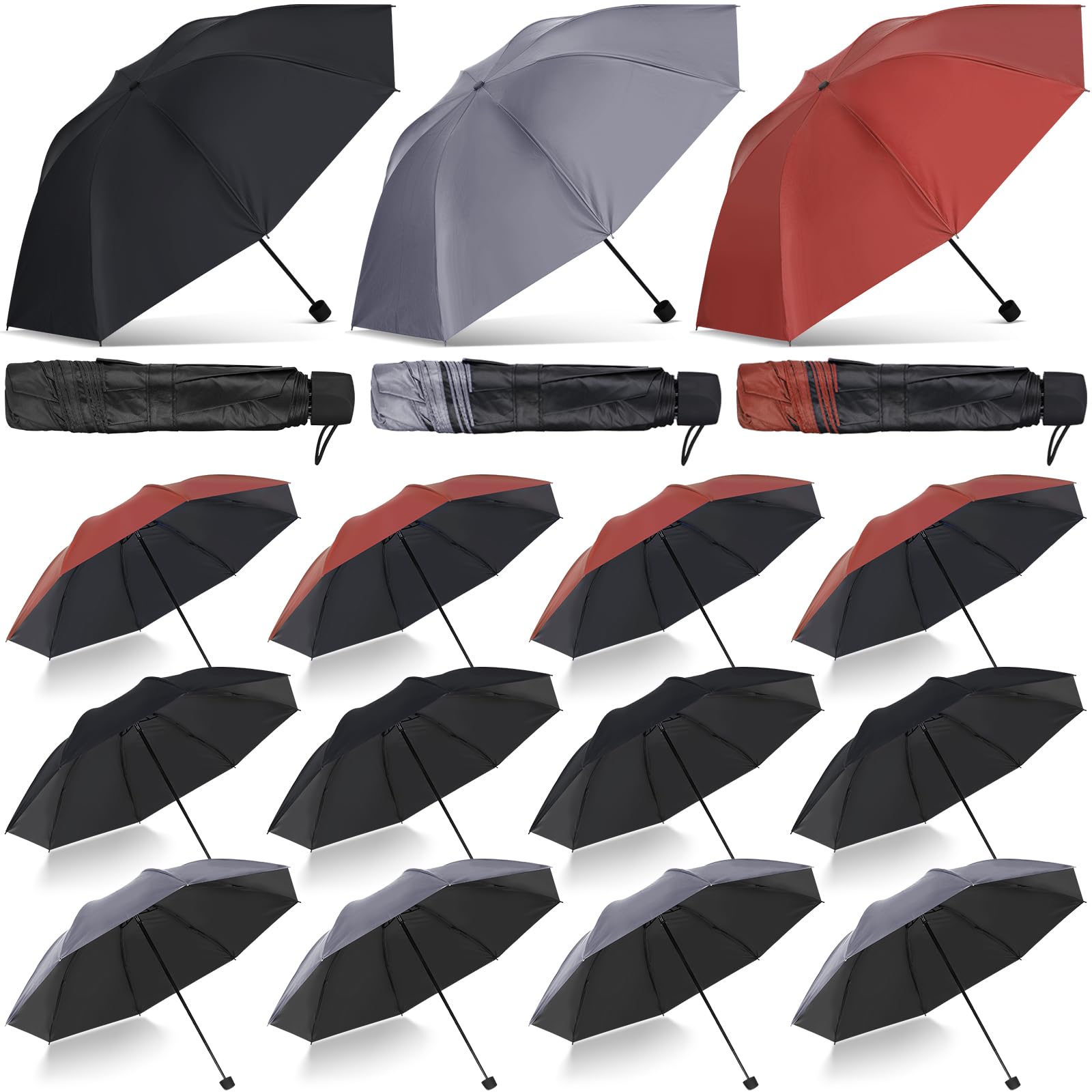 Hillban Set of 12 Windproof Travel Umbrella Folding Umbrella Bulk Rain Umbrellas Portable Travel Umbrellas Strong Compact Umbrella for Wind Rain Sun Car Backpack Men Women(Red, Black, Grey)