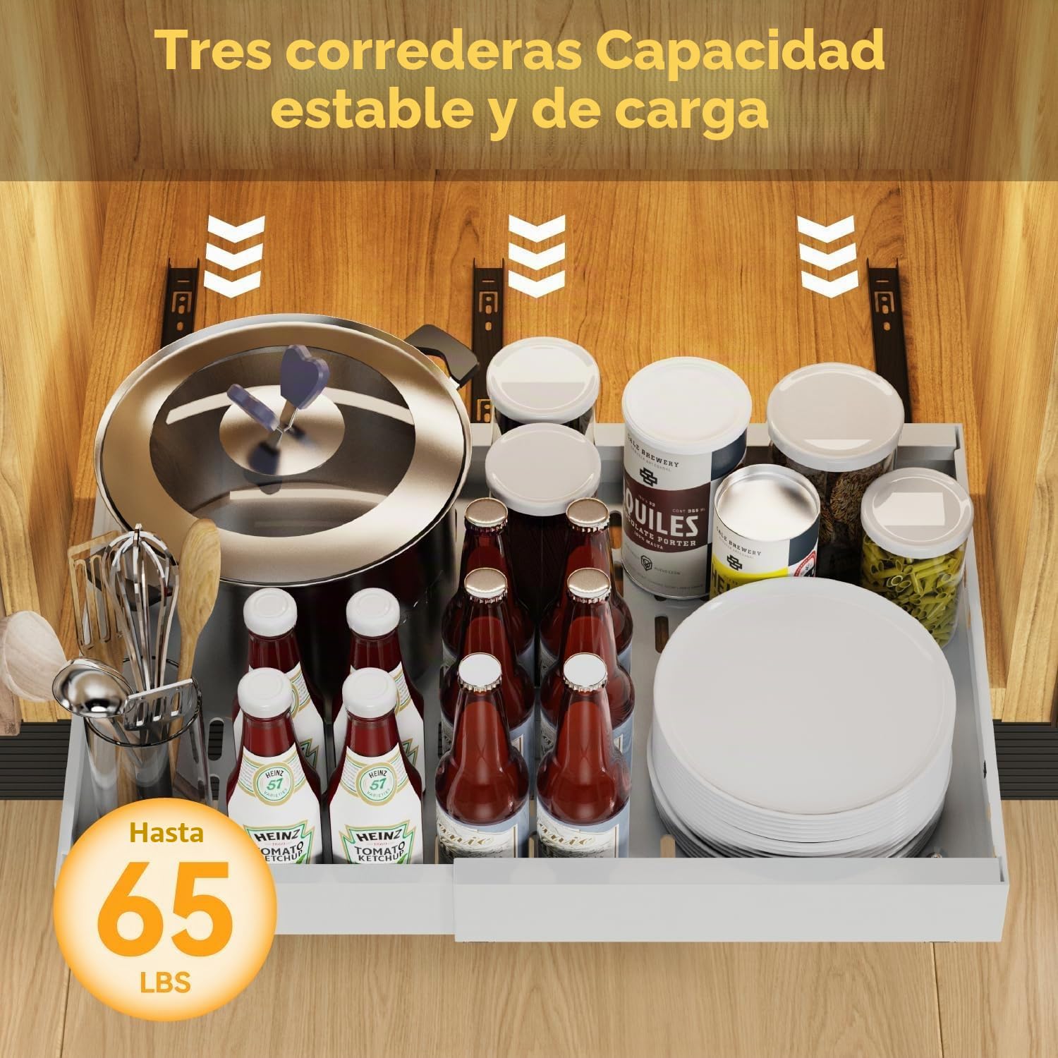 iHomara Paquete de 2 organizadores adhesivos extraíbles para armarios de cocina, cajones deslizables y estantes para la despensa, ancho ajustable de 32 a 53 cm