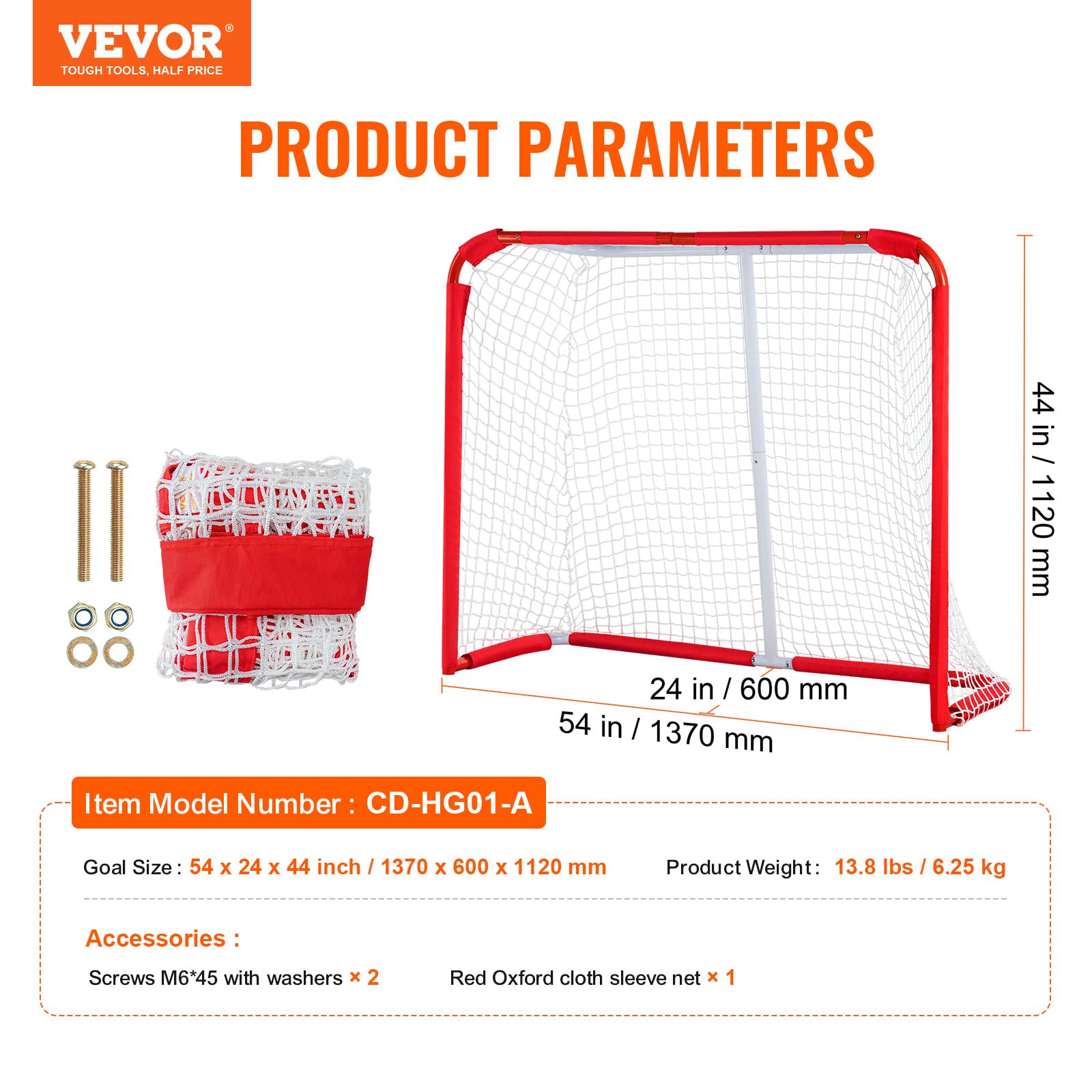 VEVOR Filet de Hockey de Rue 137 x 112 cm, But de Hockey Intérieur et Extérieur en Tube d'acier, Ensemble d'Entraînement de Hockey Portable et Léger, Assemblage Facile, pour Jeunes, Blanc/Rouge