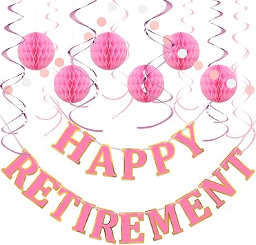 Retirement Party Decorations Kit for Women - 16-Piece Elegant Pink Set with Pre-Strung Banner, Honeycomb Balls, Swirls & Garland | Instant Setup Party Decor | Retirement Gifts & Supplies