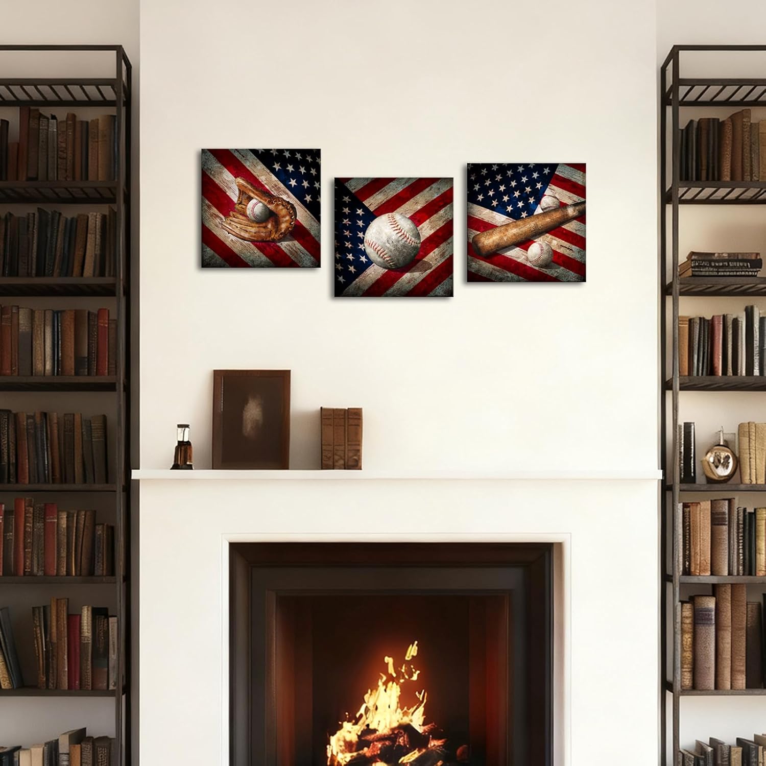 Artsbay Vintage American Baseball Wall Art, Rustic Sports Decor with Flag Background, Baseball Glove Bat and Ball Theme for Living Room Bedroom - United States Flag Picture 12" x 12" x 3PCS