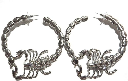Pendientes de aro de escorpión gigante con diamantes de imitación de cristal plateado arácnido insecto glam punk posts, Metal, cristal, vidrio