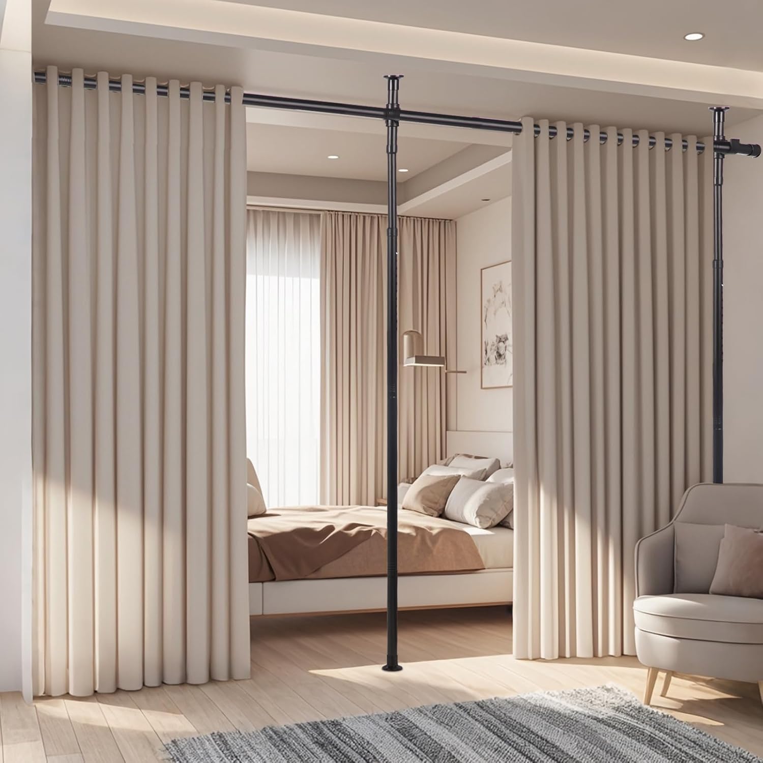 Room Divider - Adjustable Curtain Rod 4-10ft (H) 28-126in (W) No Drilling Heavy Duty Floor to Ceiling Hanging Room Separator (Black)