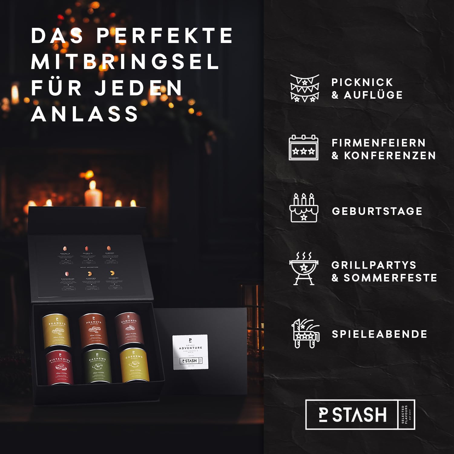P-Stash Black Box Nussmischung - 6er Box Nüsse Mix - Cashews, Mandeln, Pistazien & Erdnüsse - Mixed Nuts mit einzigartigen Gewürzkombinationen, handgeröstet in Berlin (6er Box, Spicy Adventure)