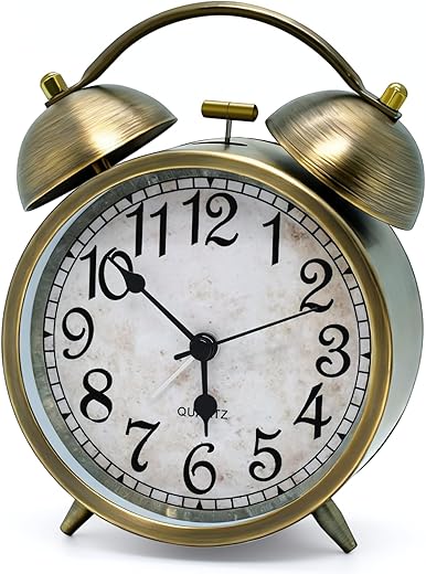 Vintage Twin Bell Alarm Clock 4 . 5 '' Silent Non Ticking Analog Desk Clock, Antique Brass Finish