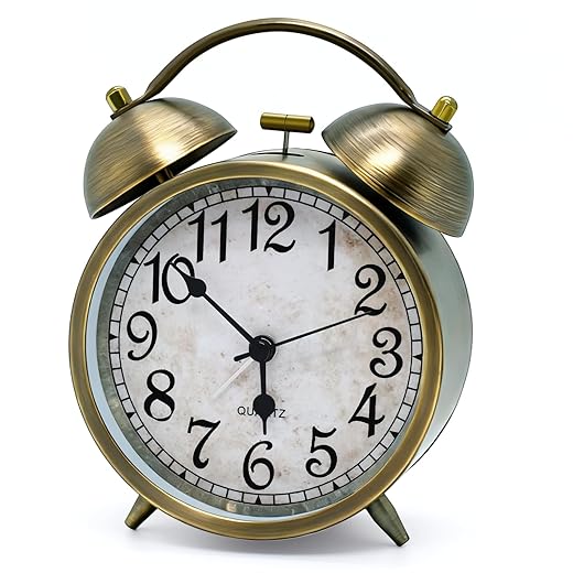 Vintage Twin Bell Alarm Clock 4 . 5 '' Silent Non Ticking Analog Desk Clock, Antique Brass Finish