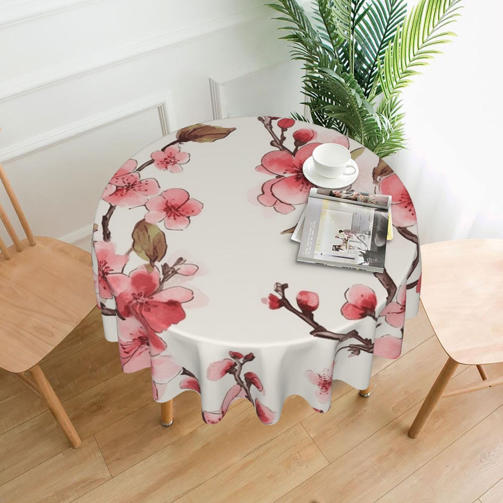 FodPand Cherry Blossom Tablecloths for Round Tables 60 Inch - Reusable Washable Dining Table Clothes - Stain and Wrinkle Resistant Decorative Fabric Table Cover for Wedding Party
