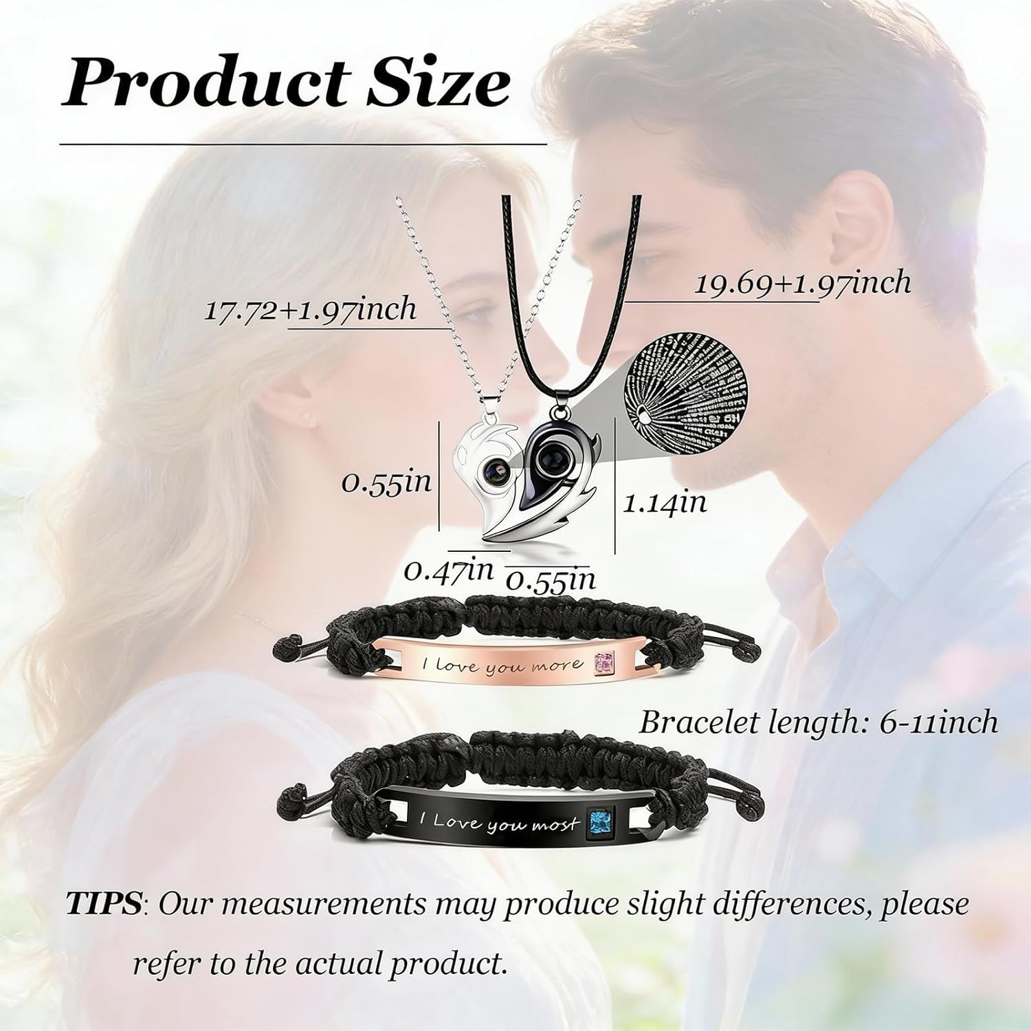 HUASAI 4Pcs Heart Necklaces for Women Couples Necklace Bracelets Matching Set for Couples Jewelry Gifts Pendant Matching Necklace Valentines Day Gifts for Her Girlfriend Valentines Accessories - Image 6