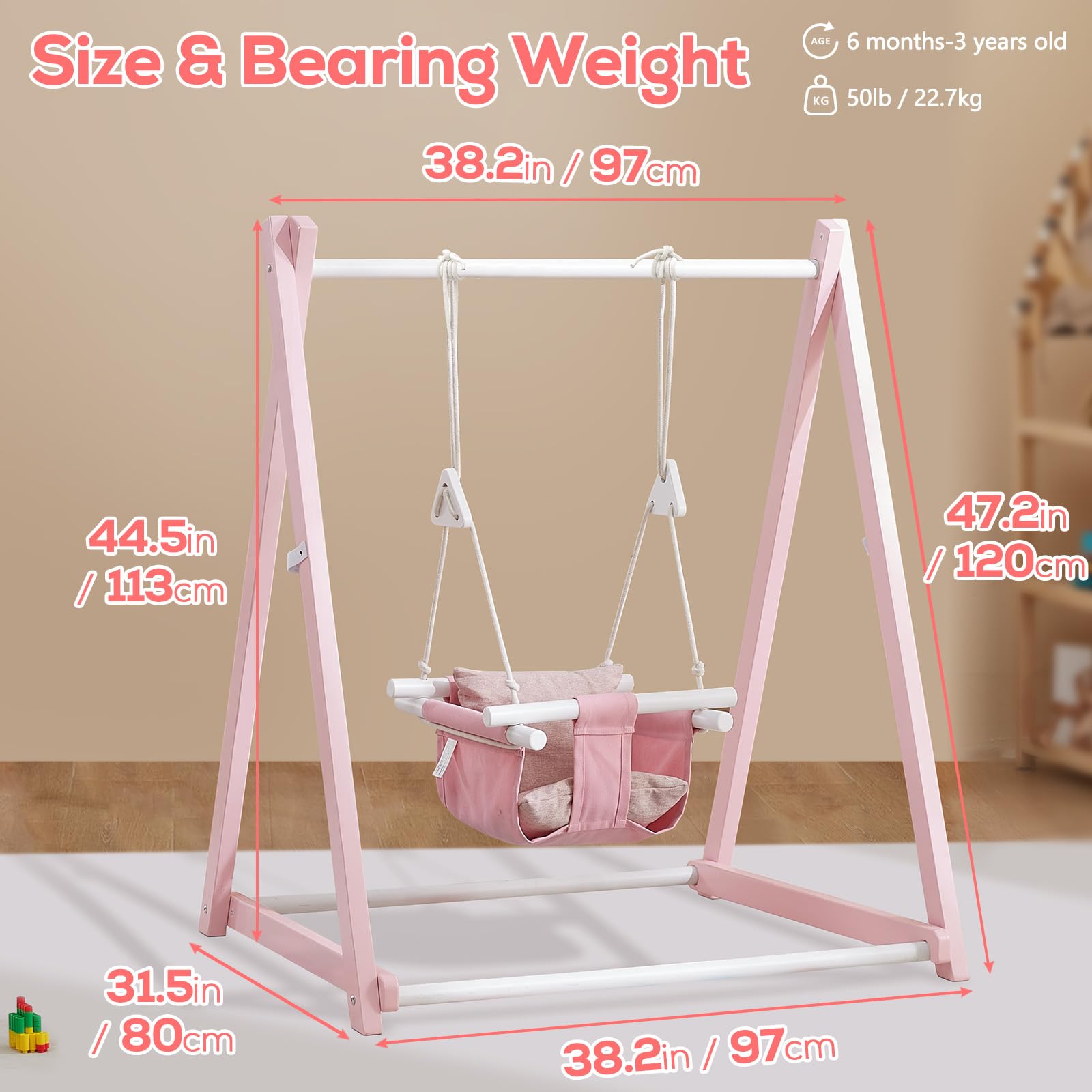 FUNLIO Columpio de Madera para niños de 6 a 36 Meses, Bebe Plegables con Pino Duradero, Columpio Portátil con 4 Sacos de Arena y Correas de Extensión para Interior/Exterior/Jardin - Rosa