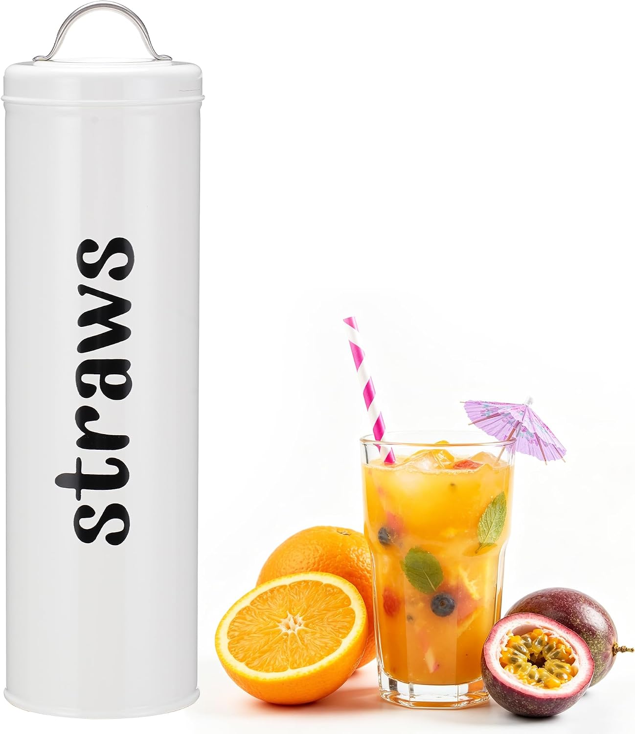 Metal Straw Holder with Handle Lid, 12 Inches Tall Drinking Straw Dispenser
