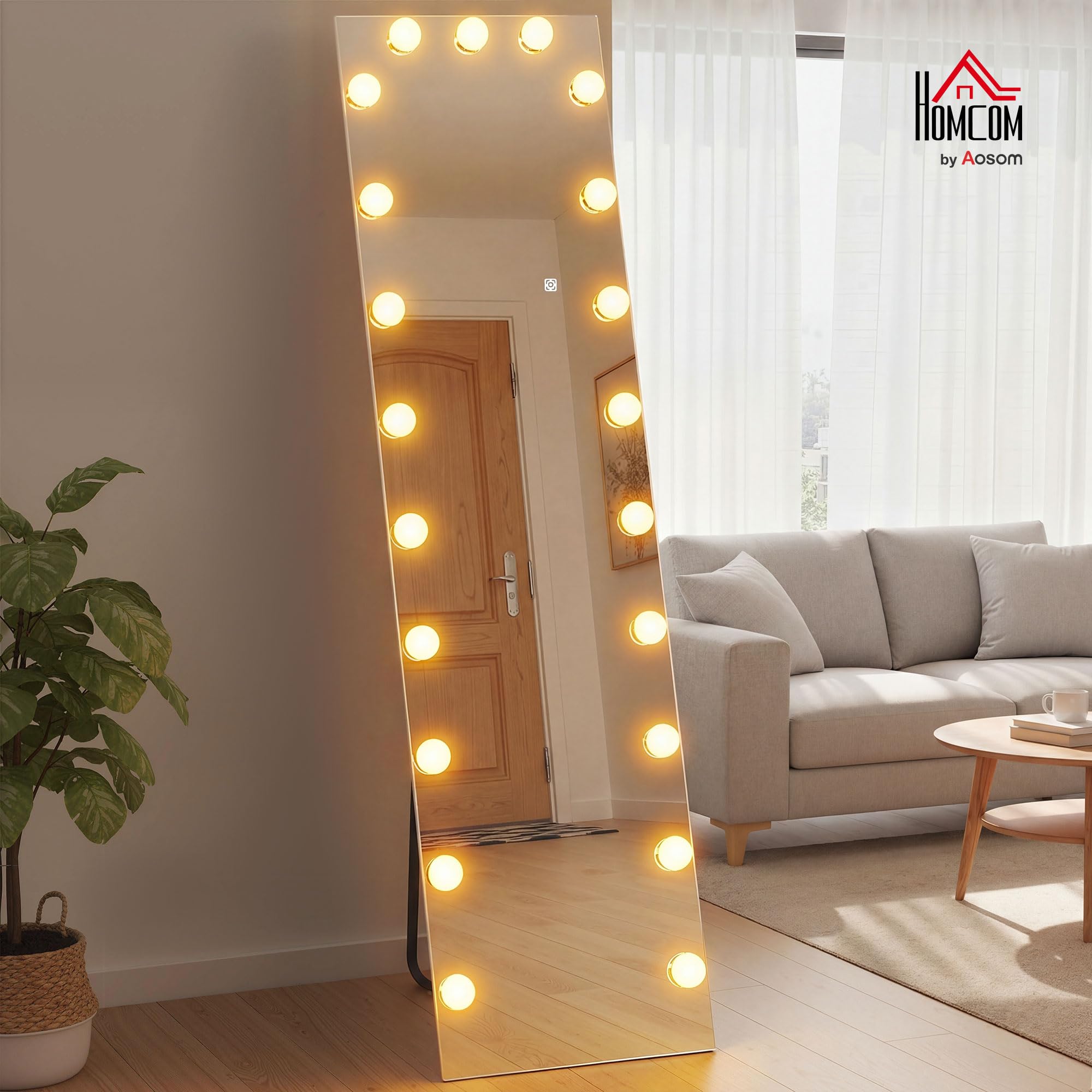 HOMCOM Ganzkörperspiegel 150 x 40 cm RGB-LED Standspiegel mit 21 Glühbirnen 7 Lichtfarbe Hollywood Wandspiegel mit Touch-Schalter, Memory-Funktion anlehnbar Spiegel für Schlafzimmer Wohnzimmer