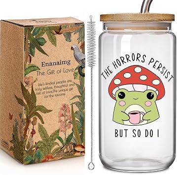 Cartoon Horrors Persist Mushroom Frog 16oz Glass Cup with Lid and Straws Gift for Coworker Friend - The Horrors Persist But So Do I, Funny Frog Birthday Gifts for Men Women Best Friend