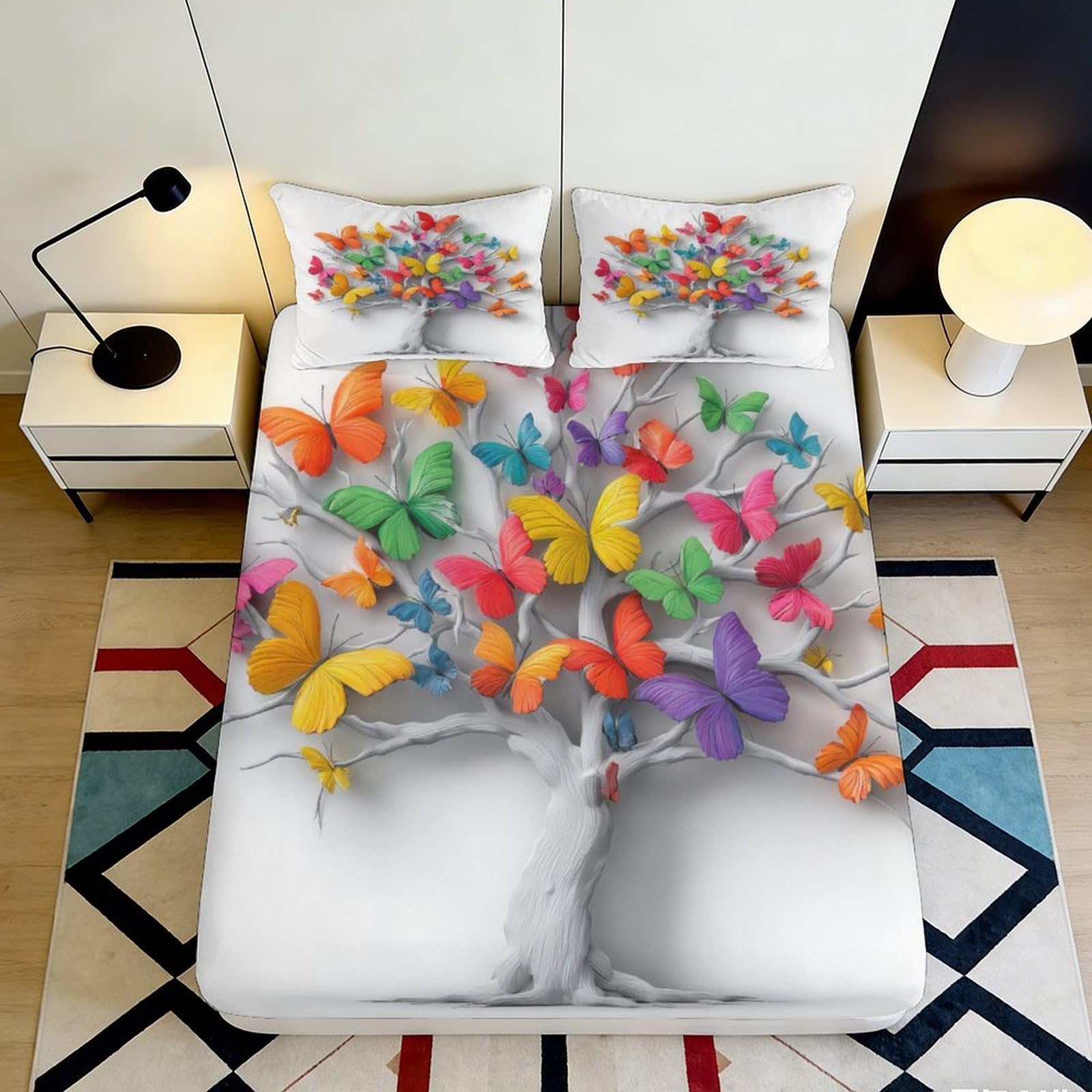 3D Printed Colorful Butterfly Tree Fitted Sheet Microfiber Soft Bed Cover for Bedroom Guest Room Decor 90x200x25cm