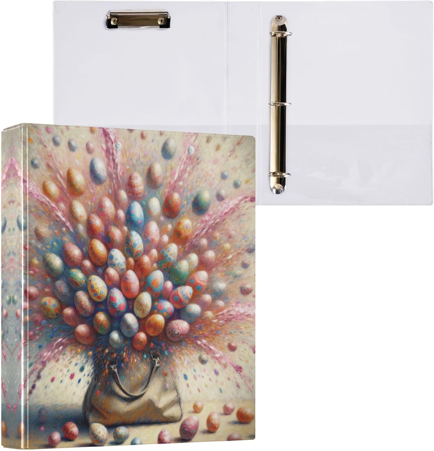 Happy Easter Eggs 3 Ring Binders, 1.5” Round Ring Binders with Clipboard - Letter Size, 3 Interior PVC Clear Pockets & Anti-Slip Clip for Office School Supplies, 2PCS