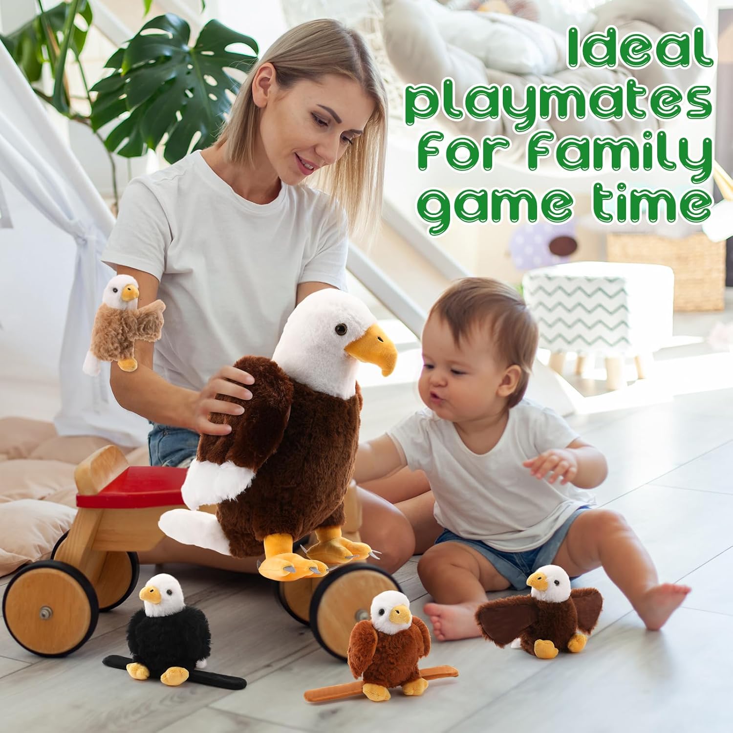 Lenwen 5 Pcs Eagle Stuffed Animal Bulk 1 Plush Mommy with 4 Cute Babies Mixed Plush Wild Bald Eagles Stuffed Animal Toy for Boys Girls Birders Zoo Gifts