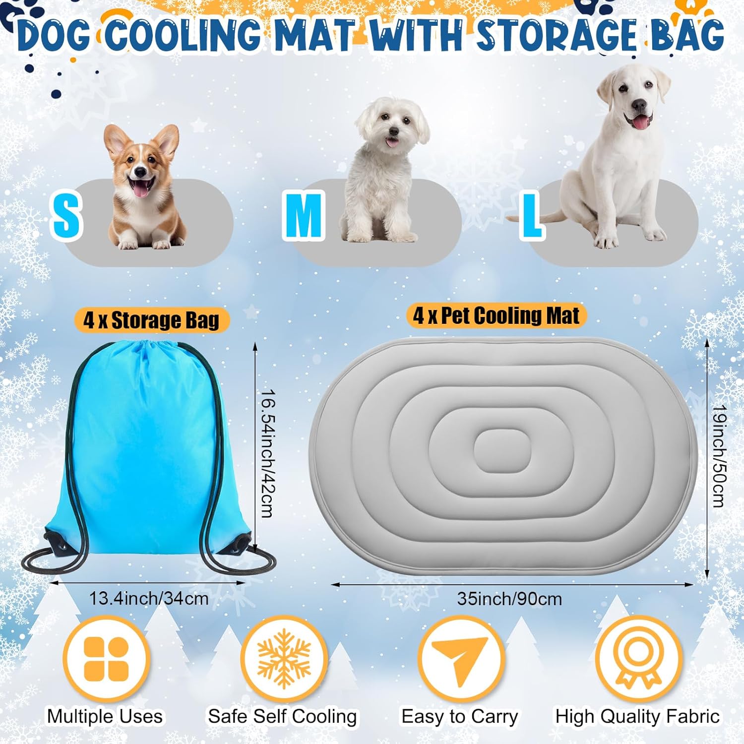4 Pack 35" x 19" Cooling Mats for Pet Dog with Storage Bags - Reversible Ice Silk & Velvet Pad Washable Summer Comfort for Crate, Bed, Sofa, Car, and Outdoor Use
