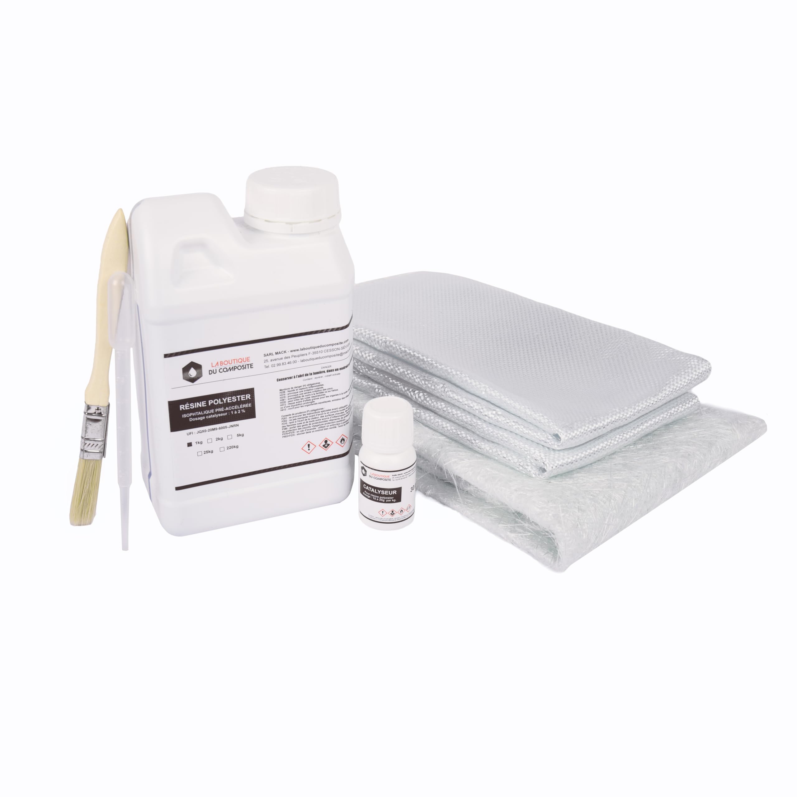 Kit Réparation Résine Polyester Fibre de Verre 1 kg avec Catalyseur, Mat 300 g et Roving – Bateau, Piscine, Carrosserie