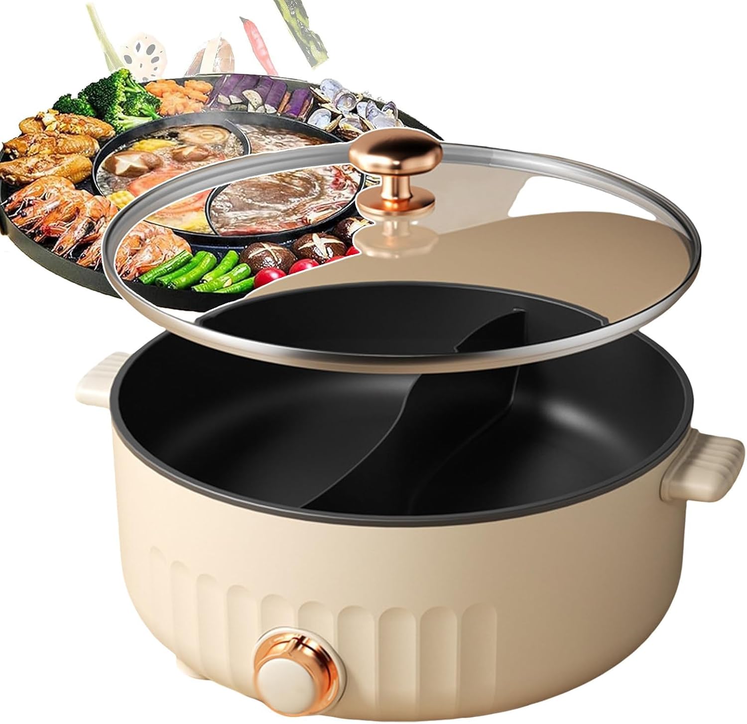 Olla Eléctrica Hot Pot con Sartén Doble, 6L, 3 Velocidades, Tapa de Vidrio