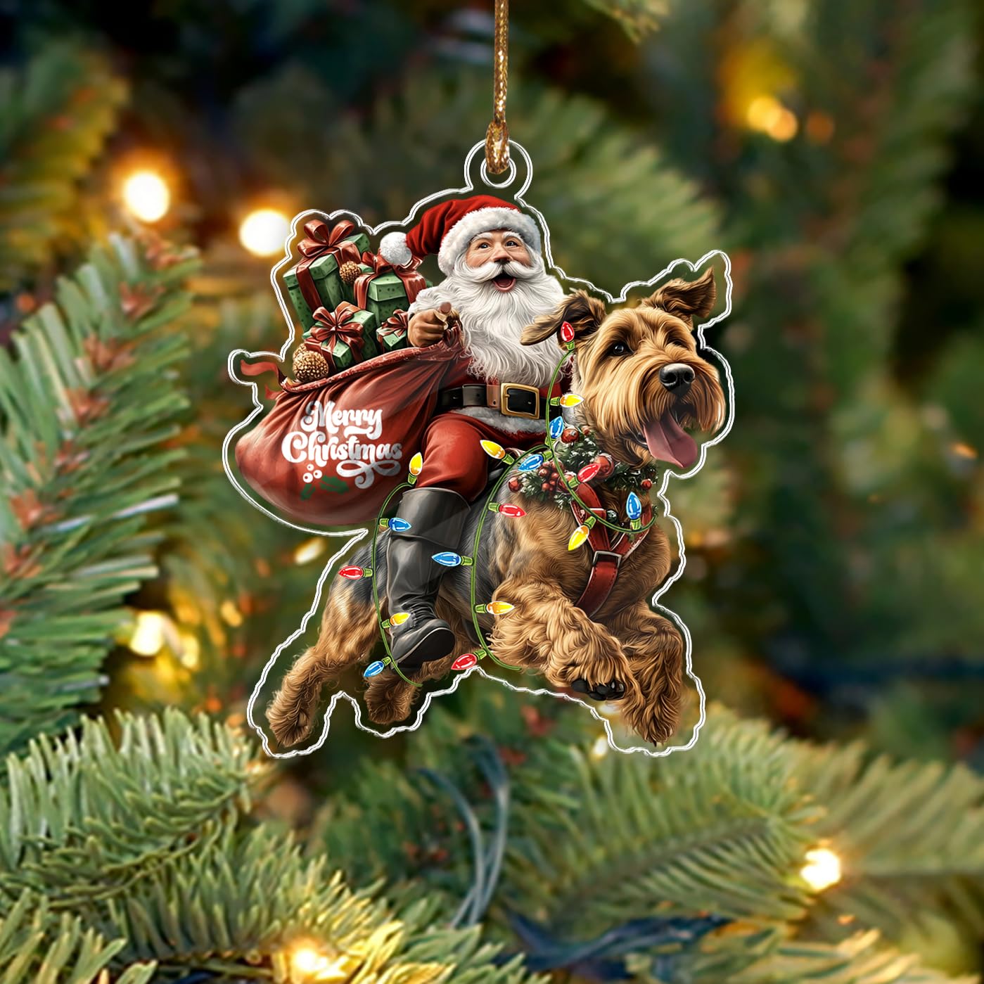BEETHIS Funny Airedale Terrier Santa Christmas Ornament 2026 – 2D Flat Acrylic Santa and Dog Car Hanging Ornament Decoration for Dog Lovers – Unique Airedale Terrier Xmas Decor 3.5''