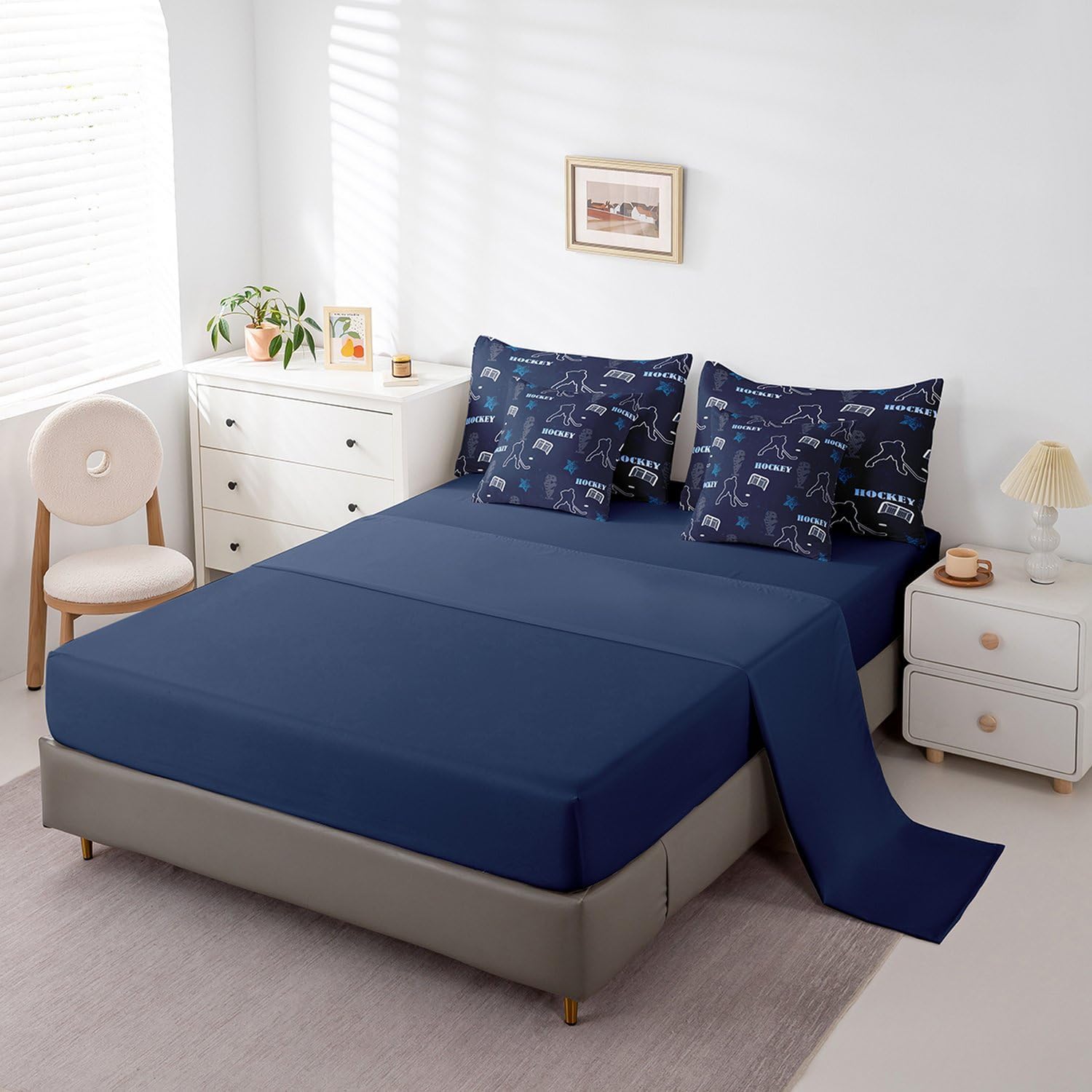 Erosebridal Hockey Twin Bedding Set 7 Piece for Boys Girls,Navy Blue Sports Comforter Set with Sheets for Kids Room Decor,Ice Hockey Puck Bed in a Bag Ball Games Bed Set with Pillow Cases & Covers