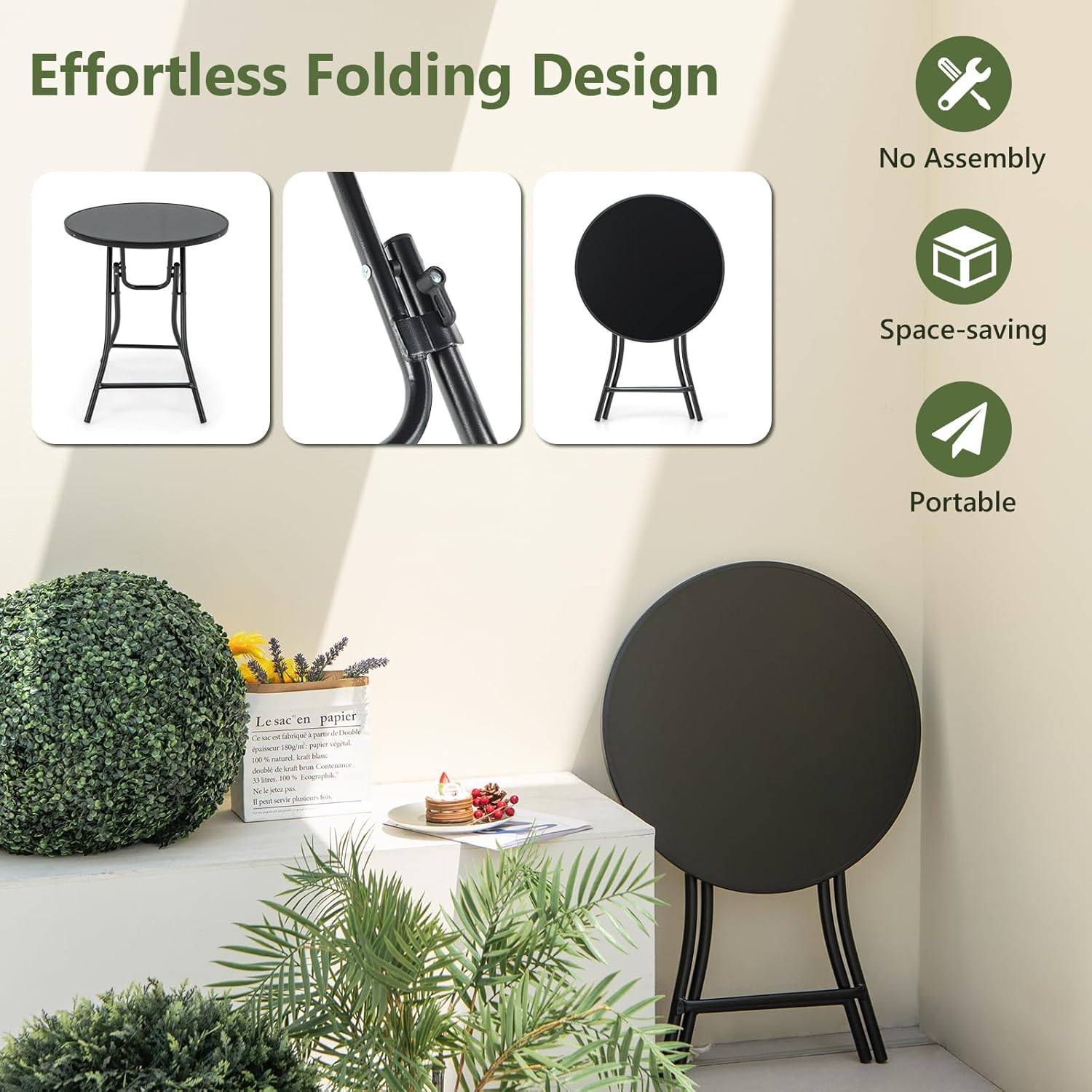 Tangkula 23 Inches Round Folding Table, Outdoor Patio Bistro Table with Tempered Glass Tabletop and Sturdy Metal Frame, Patio Side Table for Porch, Balcony, Deck