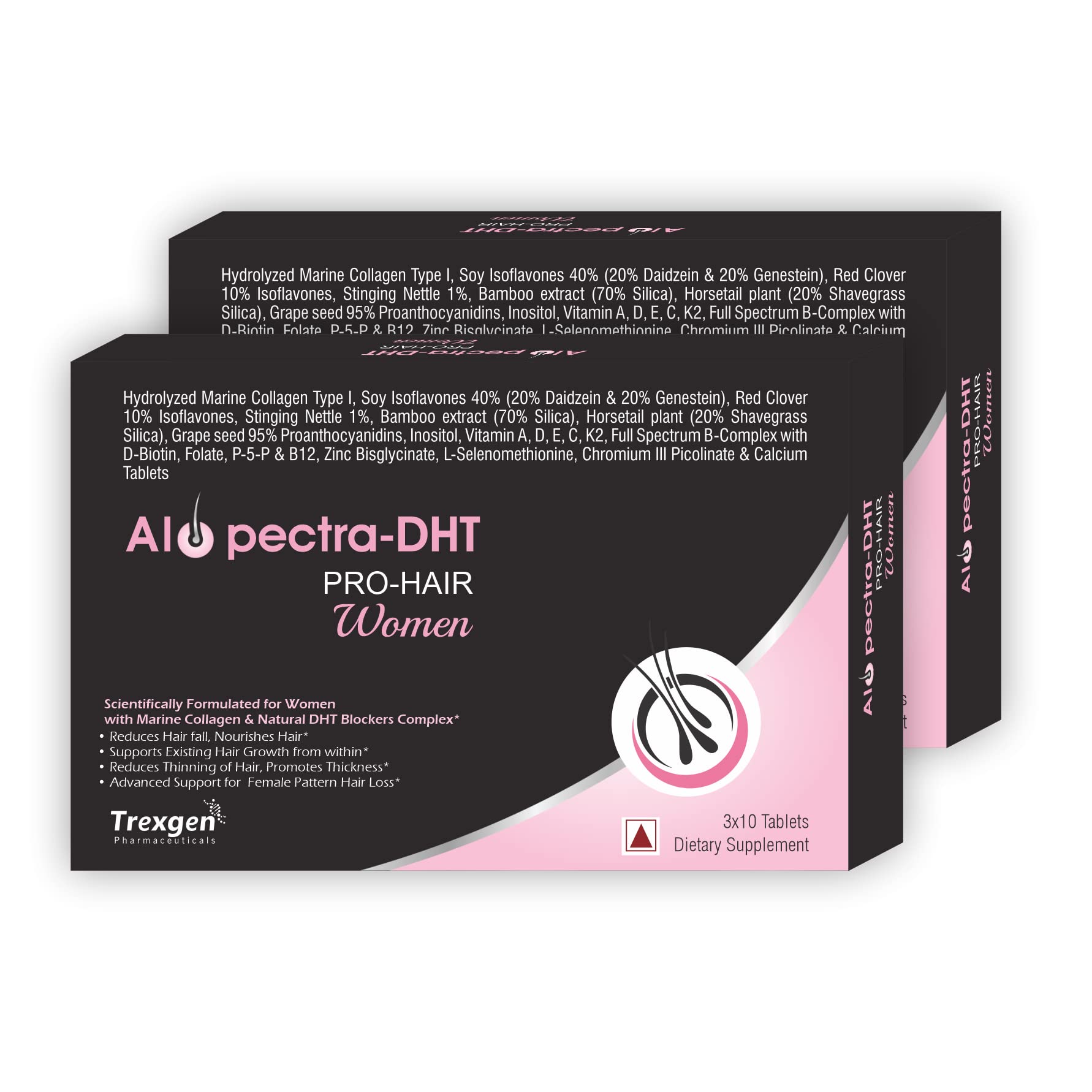 Trexgen ALOPECTRA-DHT Pro-Hair WOMEN Marine Collagen-DHT Blocker Complex (30 Tablets) (Pack of 2)