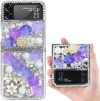 for Samsung Galaxy Z Flip 4 Glitter Case Cute Clear with Design Bling Shiny Reflective Sparkle Protective Aesthetic Phone Cover for Women Girls Kawaii Sturdy for Z Flip 4 3D Purple Flower