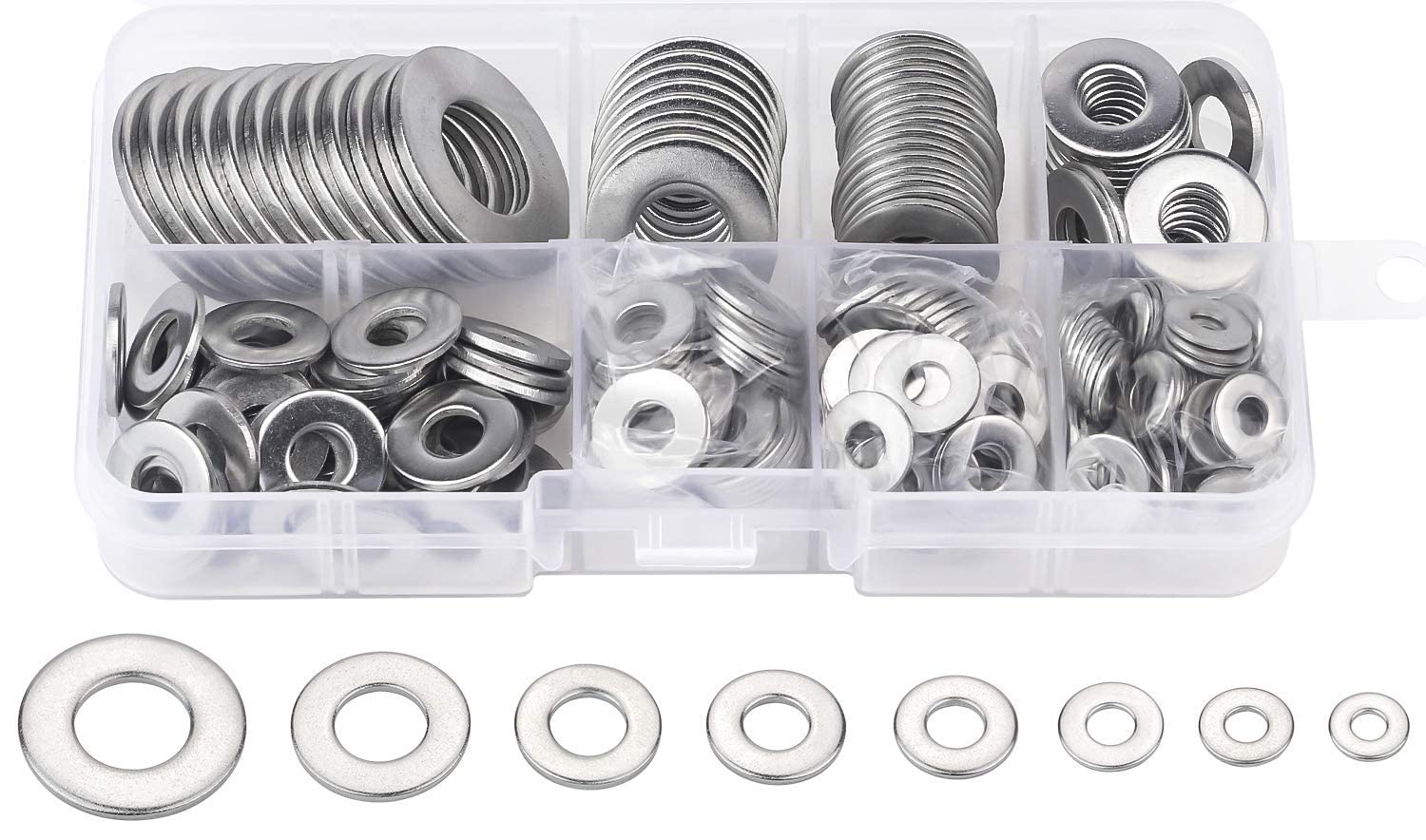 DYWISHKEY 268PCS 8 Sizes Flat Washers Assortment Kit, 1/2 3/8 5/16 1/4 12# 10# 8# 6#, 304 Stainless Steel