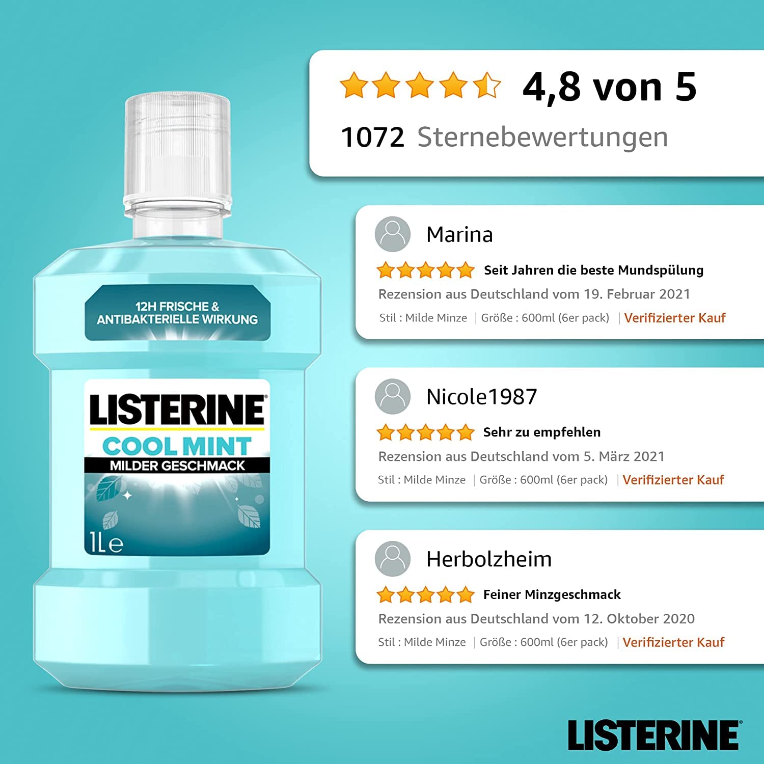 LISTERINE Cool Mint milder Geschmack (1000 ml), antibakterielle Mundspülung ohne Alkohol mit ätherischen Ölen, für ein langanhaltendes Frischegefühl (6 x 1000ml)