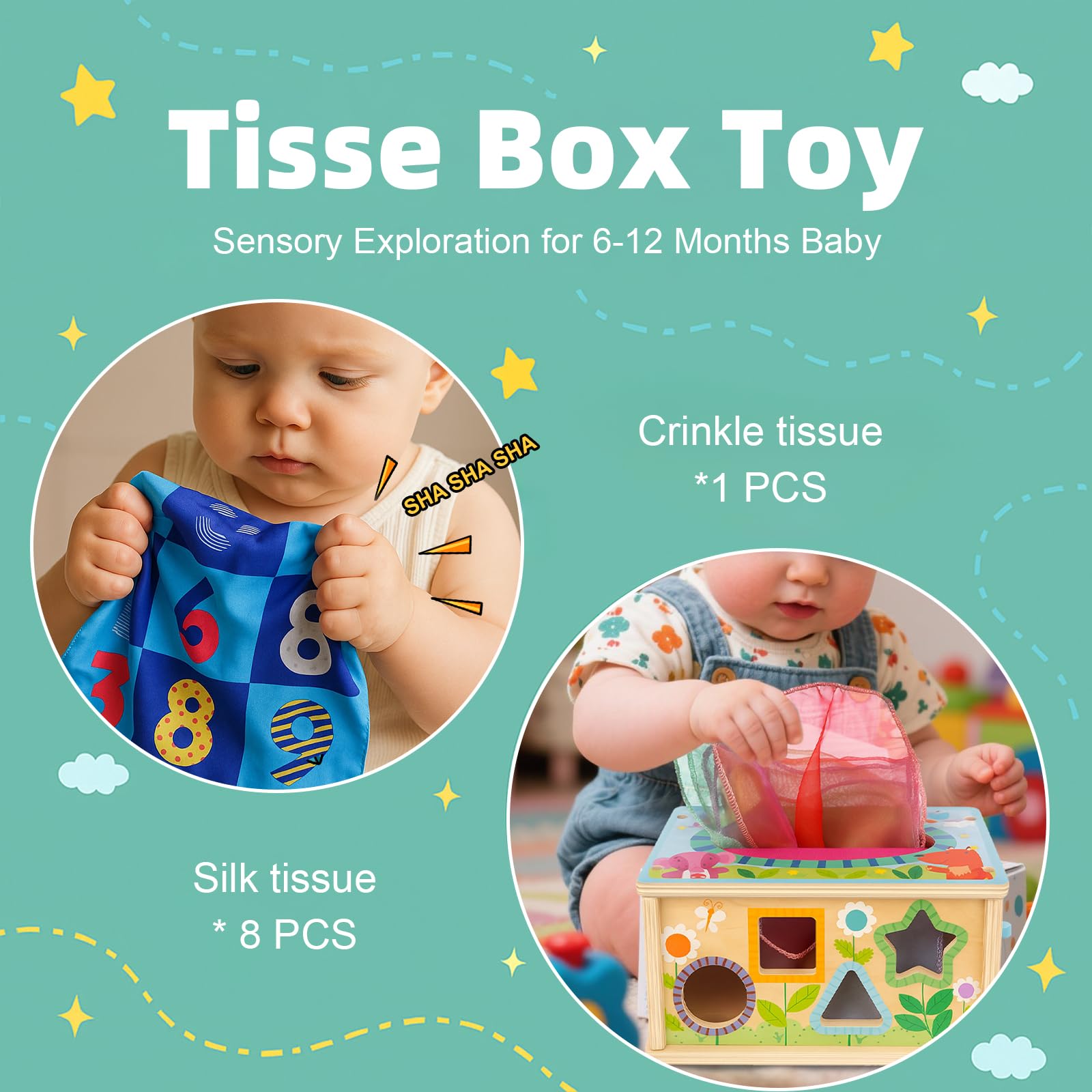 Caja de pañuelos Montessori 6 en 1, cubo de actividades de madera para más de 6 meses, rompecabezas clasificador de colores y formas, juguetes sensoriales para 12-18 meses. Regalo de habilidades 2