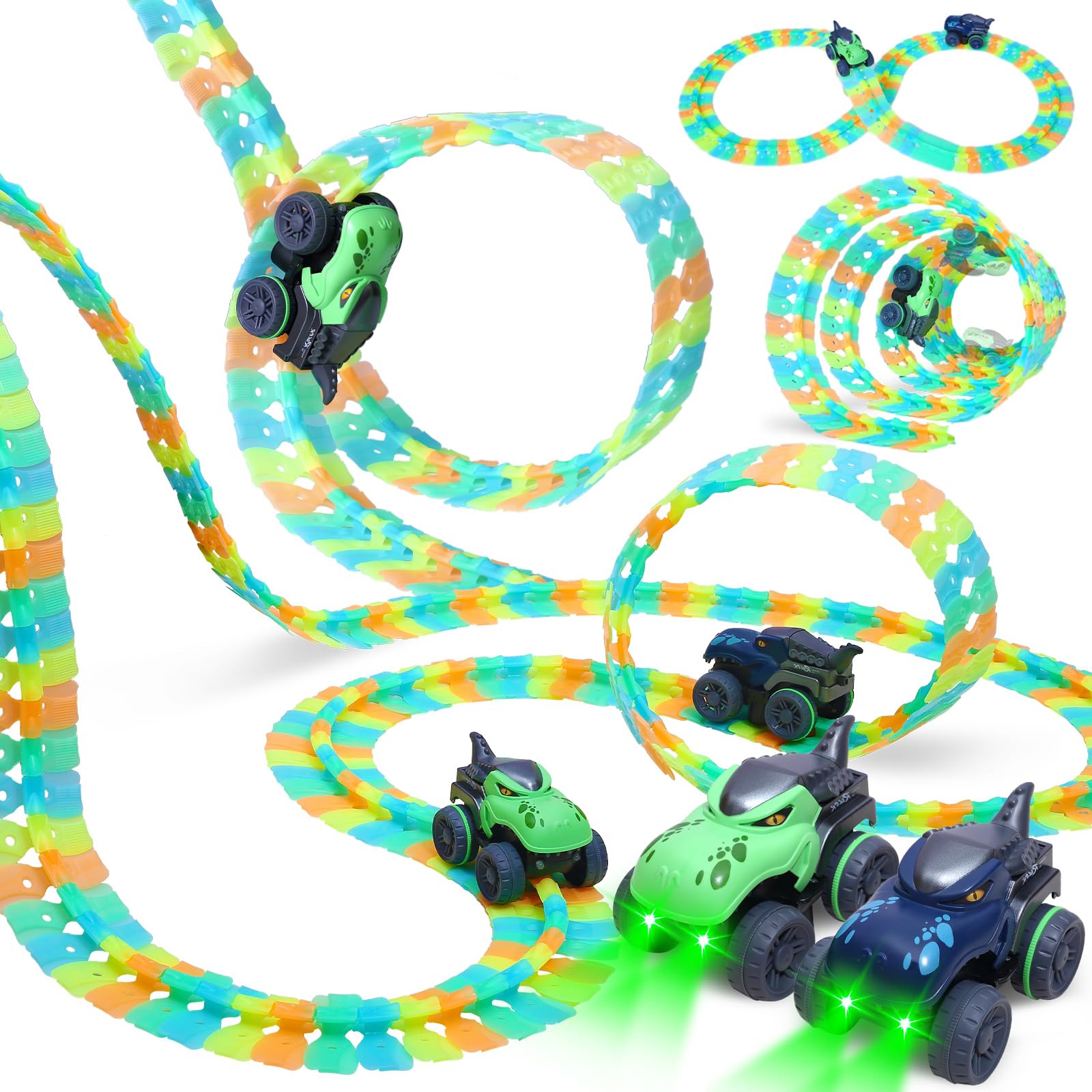 CREAMKIDS Dinosaurios Pistas Juguetes, Pista de Coches iluminada con Ventosa, 2 Coches de Dinosaurios con Luces, cumpleaños para niños a Partir de 3 años (291pcs