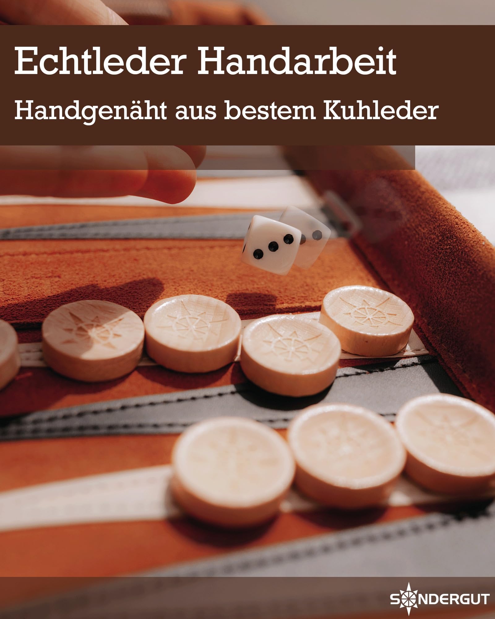 Sondergut Backgammon Deluxe - Patentiertes Klappdesign & Echtleder - Edles Design - Premium Buchenholz Spielsteine 30x40cm