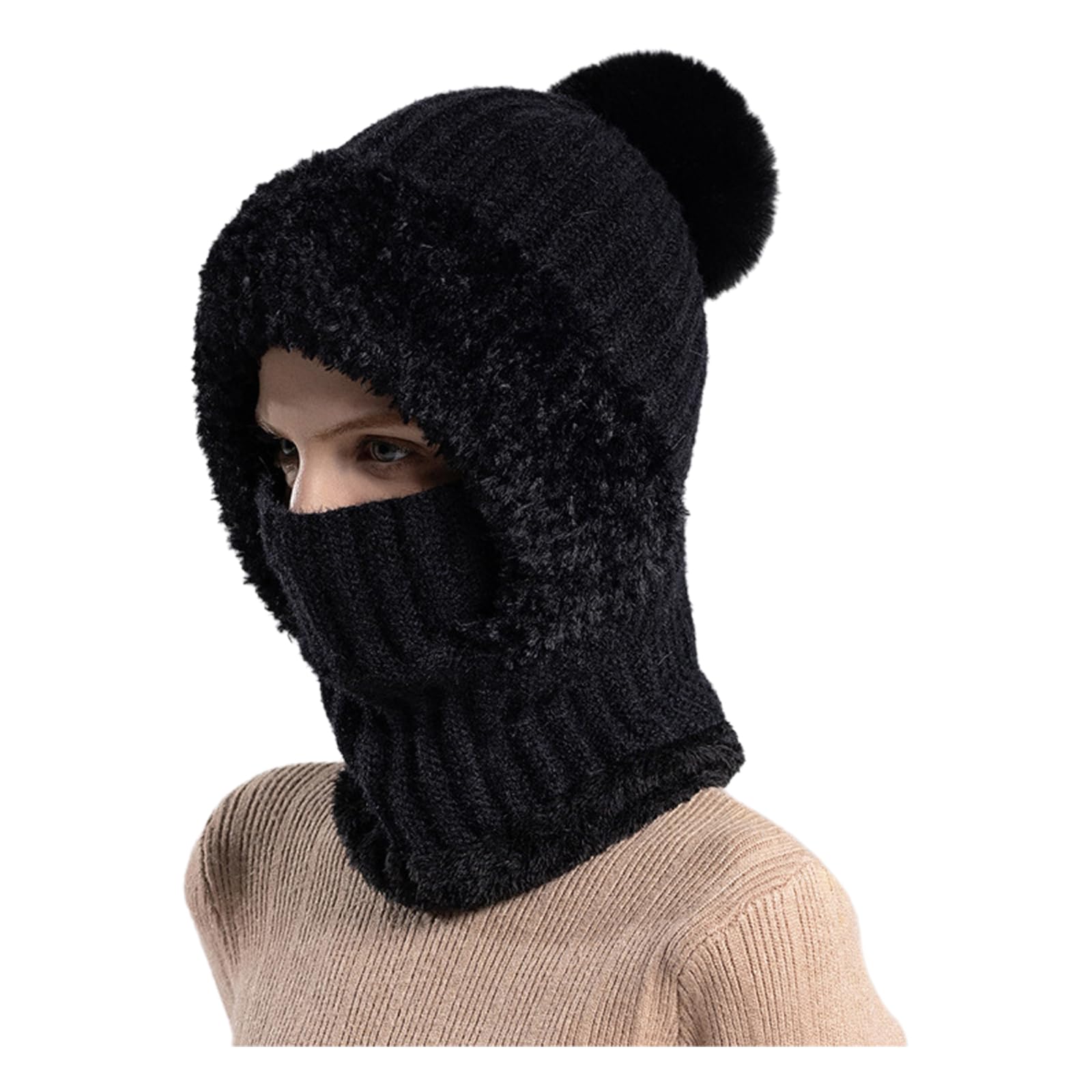 Zaktualizowana wersja Damska czapka zimowa Pom Pom Ski Bobble Cap, z pokrywą szyi Maska na twarz do spacerów na świeżym powietrzu,Black