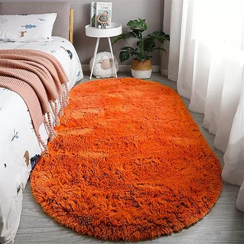Alfombra ovalada suave y esponjosa de felpa para sala de estar, dormitorio, decoración del hogar, color naranja, 1.6 x 3.9 pies