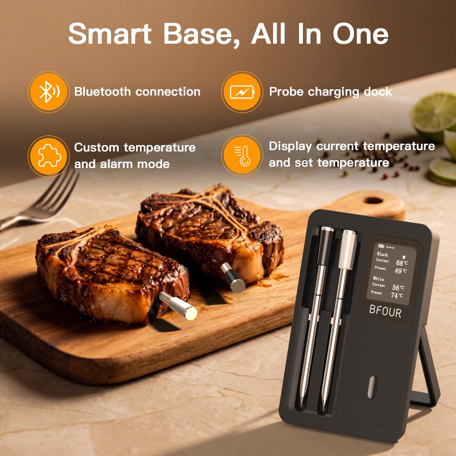 BFOUR Termometro per carne, termometro con 2 sonde intelligenti, monitoraggio tramite app con timer e allarme, impermeabile e resistente al calore, termometro per barbecue, forno, barbecue