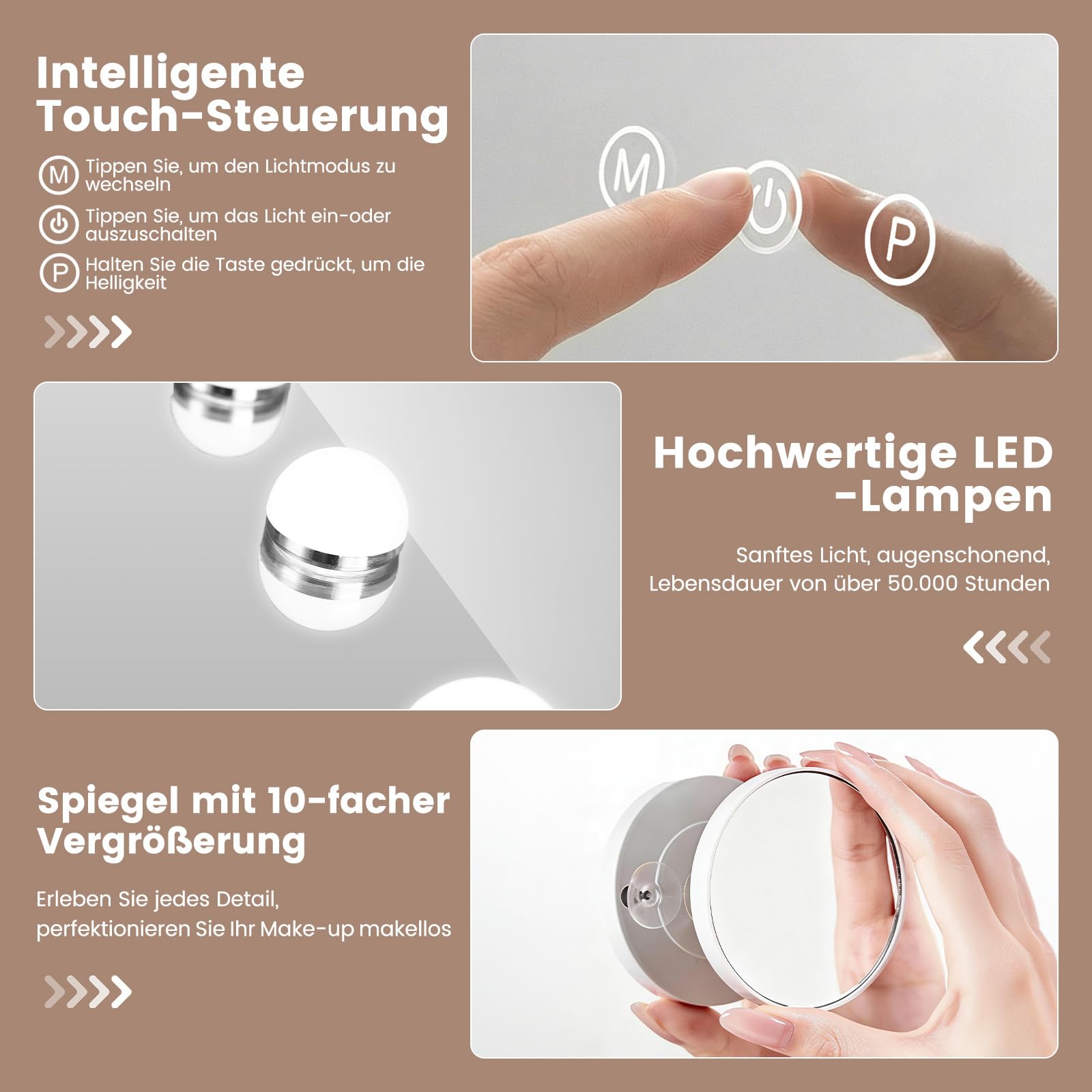Hollywood Schminkspiegel mit Beleuchtung, 58×54 cm Kosmetikspiegel mit dimmbar 15 LED Licht, 3 Farbmodi, Smart Touch Steuerung Spiegel, 360° Drehbarer Tischspiegel für Schminktisch Schlafzimmer