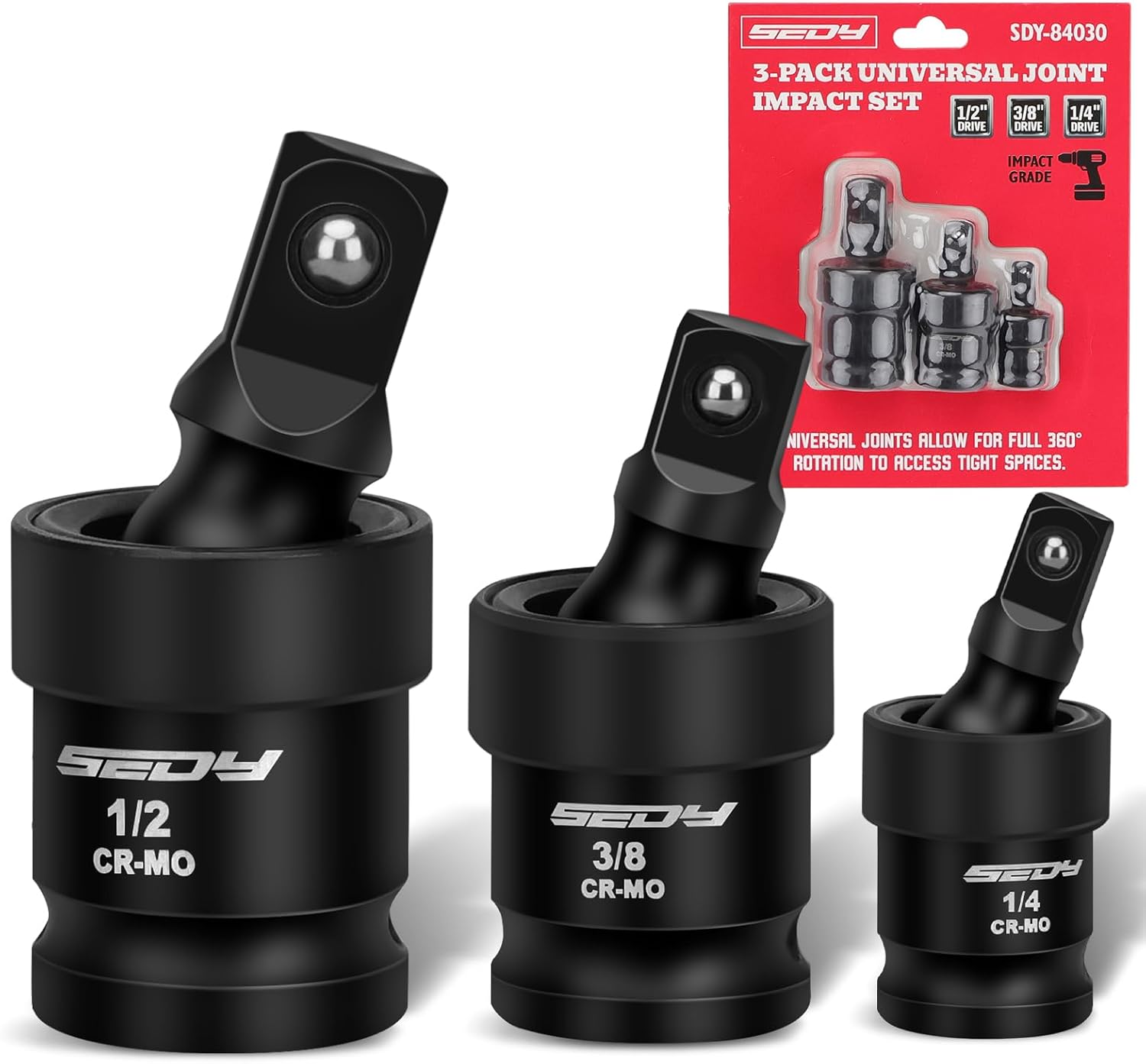 SEDY 3-Piece Impact Universal Joint Socket Set - 1/4" 3/8" 1/2" CR-MO Steel Wobble Swivel Adapters for Tight Spaces