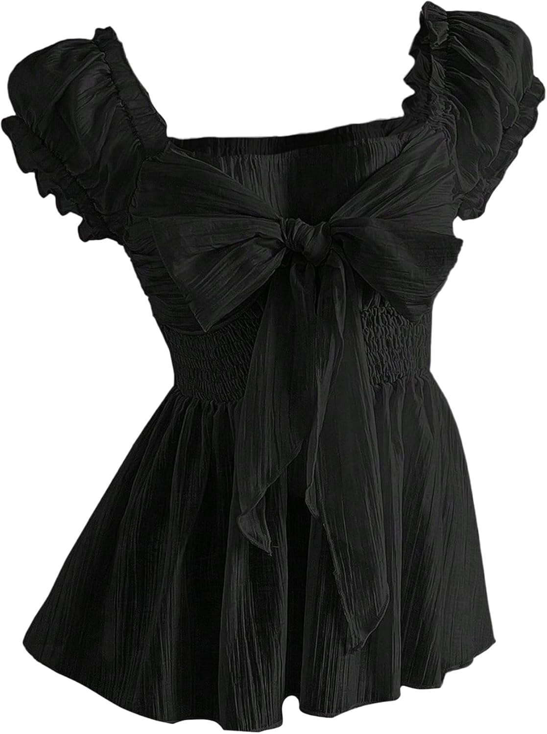 SHENHE Women's Summer Puff Sleeve Peplum Blouse Smocked Tie Bow Coquette Chiffon Shirt Top