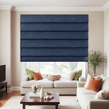 ChadMade Cordless Custom Size Cotton Linen Roman Blind 1 Panel Midnight | Blackout Back Slat Shade for Dining Room Light Filtering Room Darkening Office Install Hardware