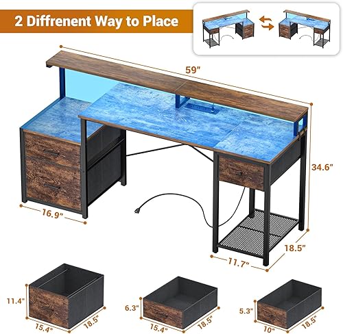 Miniatura 3 de Aheaplus Escritorio para computadora con 3 cajones, escritorio de oficina en casa con cajón de archivos y toma de corriente, escritorio de juegos de